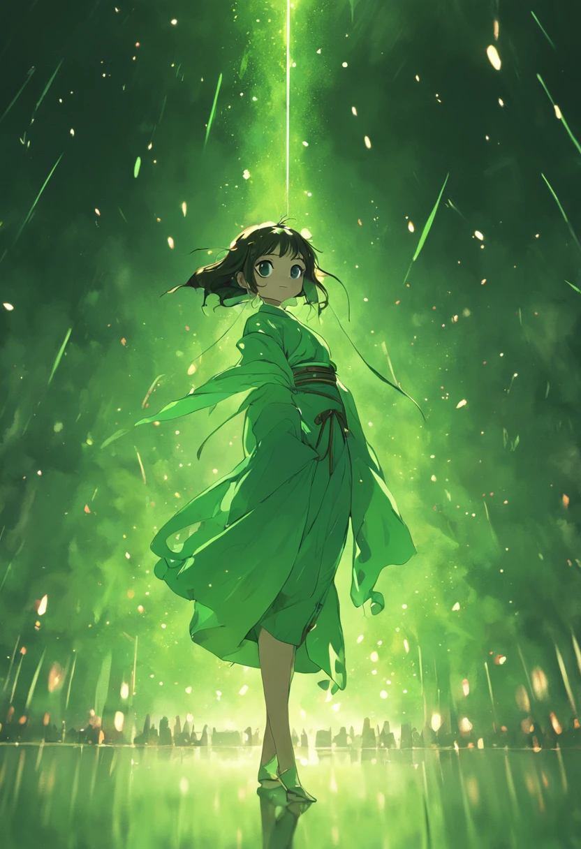Green background,solid color backdrop,Full body frontal photo,1girll,standing on your feet,full bodyesbian, Solo,frontage,facing to audience,Place your hands naturally on the sides of your thighs, Slim body,perfectly proportions,Exquisite facial features,ssmile,Hanfu,Background bokeh,lightand shade contrast