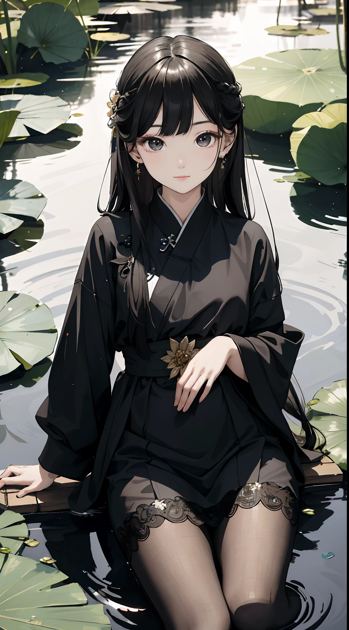 hoang lap,8K high resolution,ultra - detailed,(1girll:1.3),handpainted,Simple lines,16 year old girl in black Chinese dress,beuaty girl,In the lotus pond,tmasterpiece,Sit on a plank floating in the water,Floating hair,black pantyhoses,black pantyhoses,looking toward the viewer,ssmile