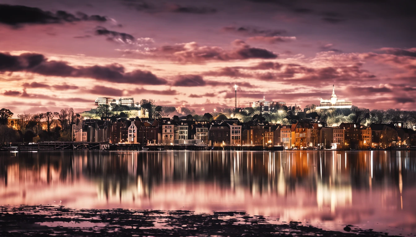 ((cidade de Estocolmo)) Sweden, cinematic lighthing, ((noite com luar e estrelas)), lua cheia, cores low key, melhor qualidade, Ultra Resolution, hiper realismo, nitidez