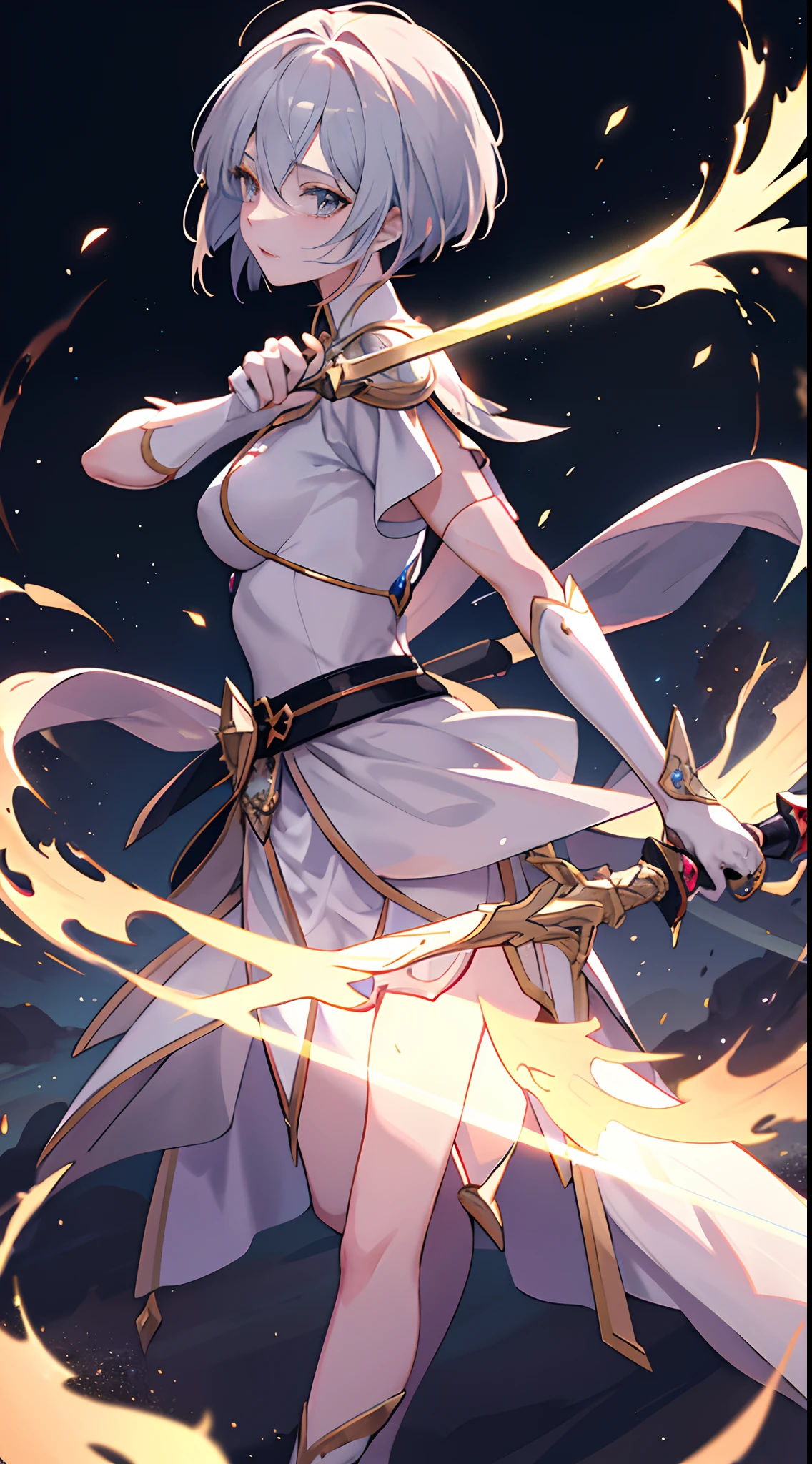 "Create a masterpiece with an eye-level shot of a mature female magical girl, wielding a swordmage in an open field. Surround her with a ring of floating and glowing claymores. Capture the scene in extremely detailed and best quality visuals. (long shot)"
