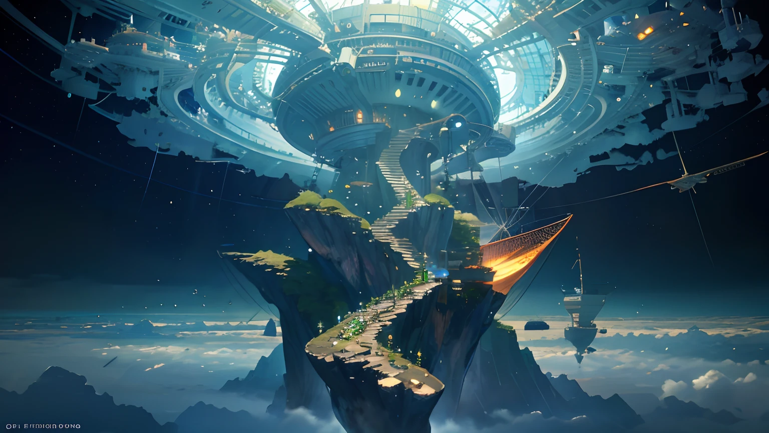 Many islands are suspended in the air with many small airships flying around, cities, fantasy, magical plants growing, extreme details, realistic light, epic composition, (complex details), (complex design, ultra-details :1.2), Art Station, (Masterpiece, Best Quality), Ultra HD, 32k --v 6