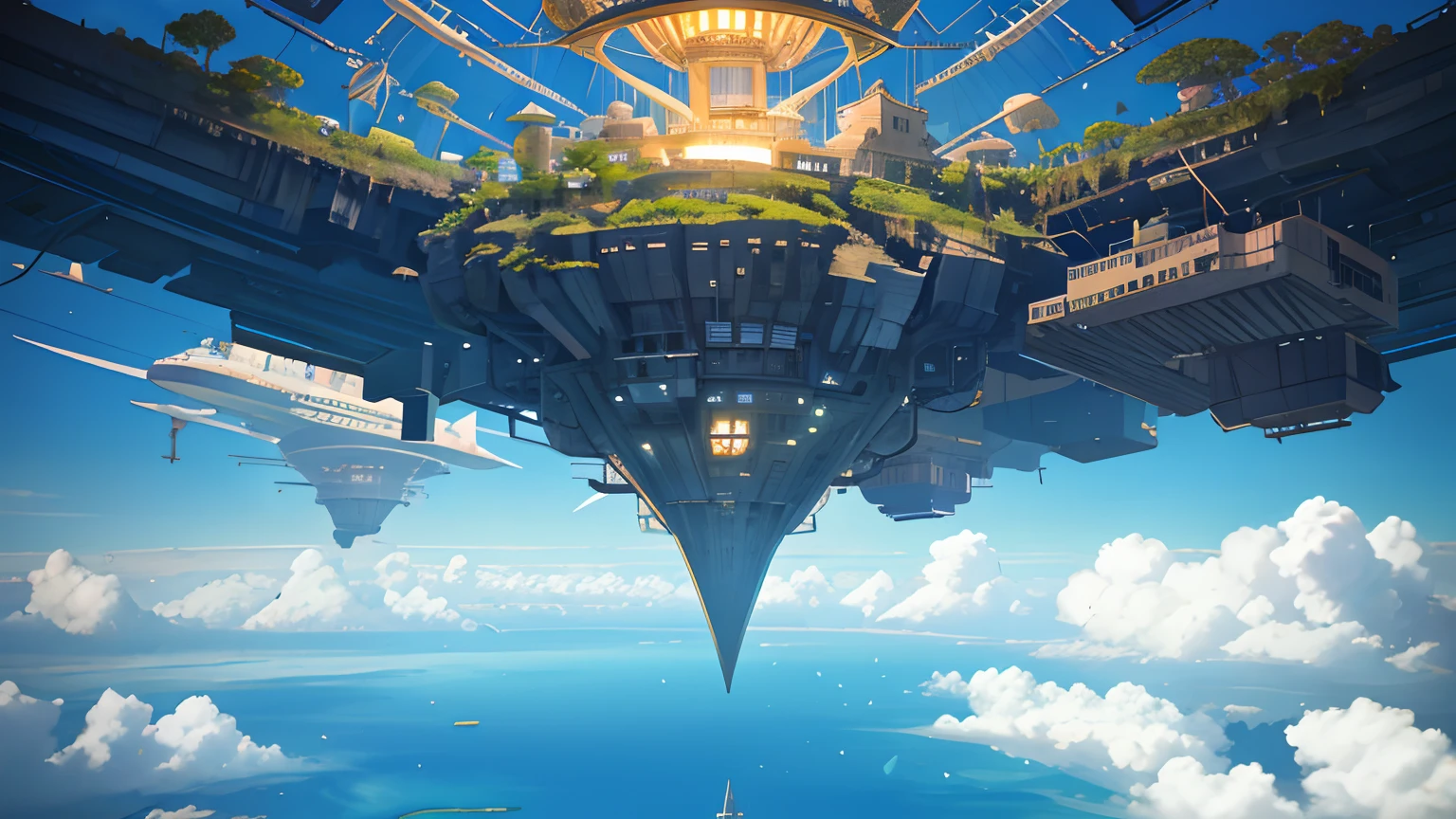 Many islands are suspended in the air with many small airships flying around, cities, fantasy, magical plants growing, extreme details, realistic light, epic composition, (complex details), (complex design, ultra-details :1.2), Art Station, (Masterpiece, Best Quality), Ultra HD, 32k --v 6