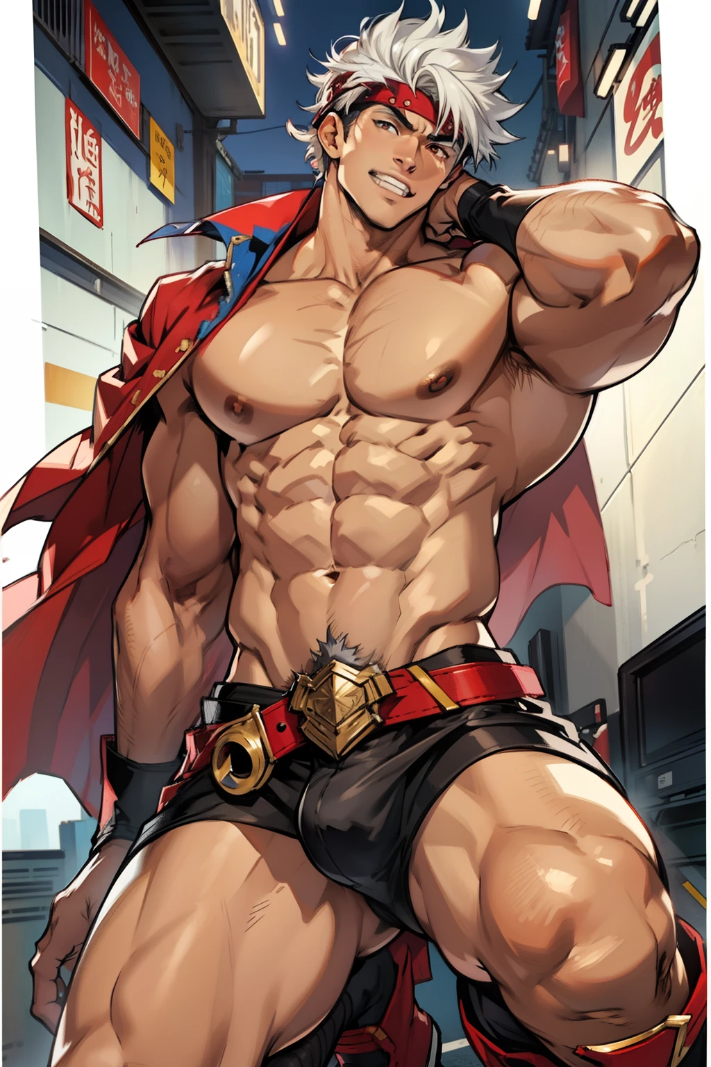 Highest image quality，male people，child，1 boy，Young and handsome，shoun，White color hair，Short flat top hair，Dark  skin，anime big breast，anime wallpaper，Solo，malefocus，Briefs，Dilation of the pectoral muscles，Red cape，Bulging crotch，Urban background，spread their legs，Sexy,(Masterpiece, Best quality),Long white socks，Red Martin boots，