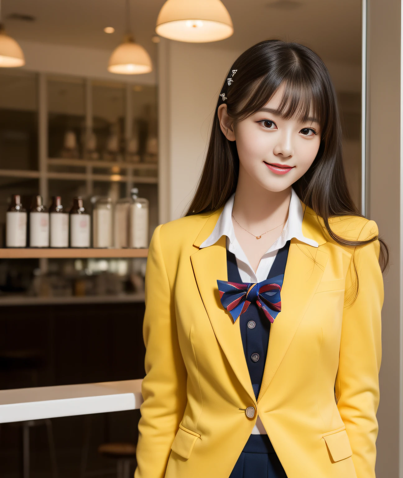((Best Quality, 8K, Masterpiece: 1.3)), a beauti, In addition, melon face, Friendly and cute, sweet smile, Pure desire, Slender body, (s whole body), (tilted head), ((looking at camera)), Medium Black Silky Straight Hair, Long flowing shoulders, round black big eyes, clear big eyes, moist red lips, Cafe shop background, ((full body shooting)), (Yellow Blazer, bows, Sock, High School Uniform: 1.2, ), (Middle breast)