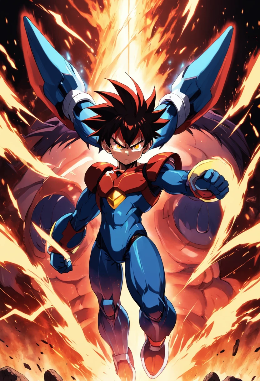 Design a gripping poster featuring Zero from "mega man zero" in a fit of rage. Capture the essence of his burning determination and unyielding spirit as he unleashes his wrath upon his enemies. Keep it short, bold, and intense to convey the raw power of Luffy's anger.
