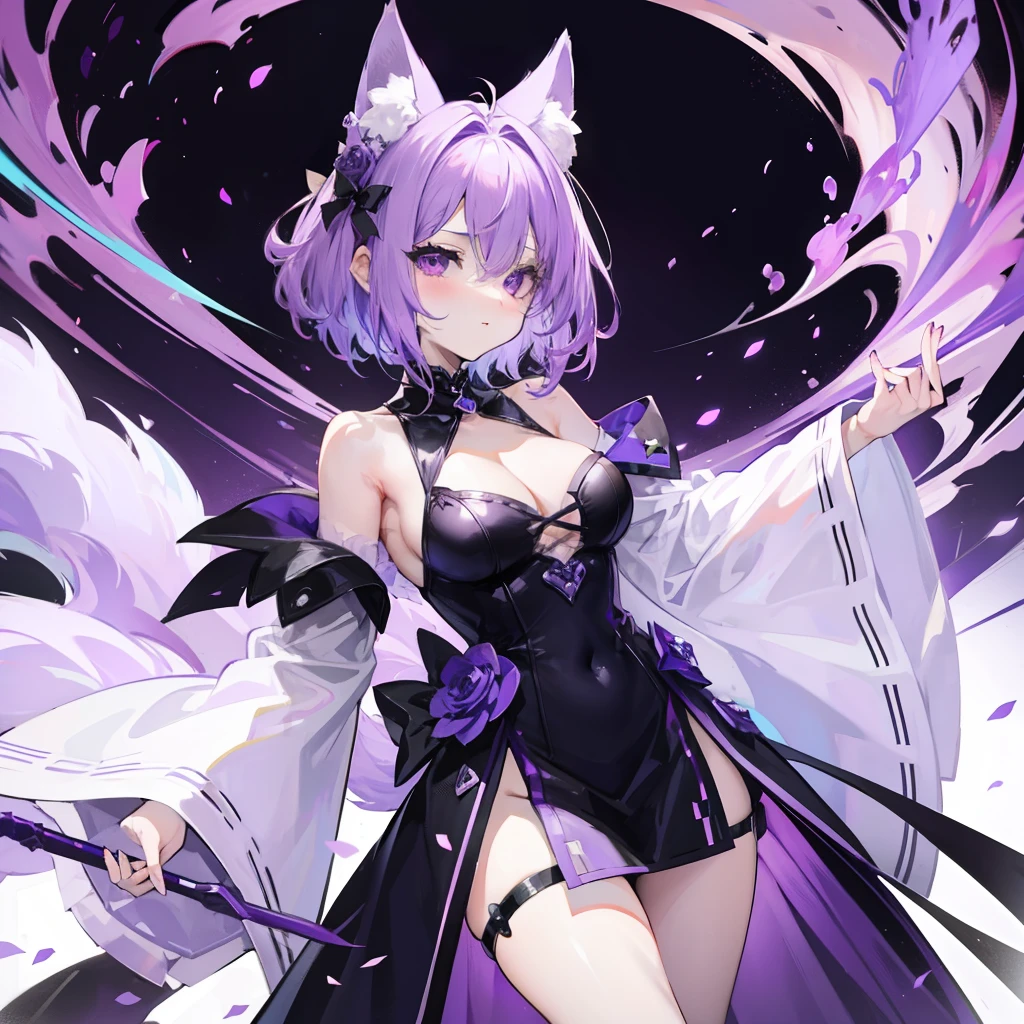 Short fluffy lilac hair,It has purple fox ears,a purple eye,Dressed in purple and white,Wearing black silk is a sexy royal sister