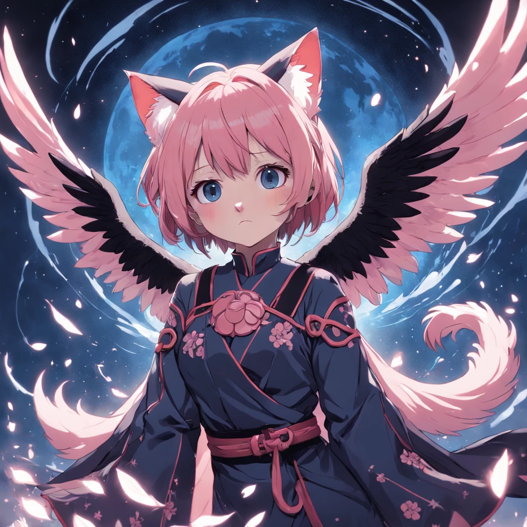 Cinematic Anime: Sakura Cat with Black Wings, by Junji Murakami, Makoto Shinkai, James Gurney, James Gurney, Peter Mohrbacher, Marc Simonetti, Mike Mignola, Bright blue tones, Black paper with detailed line work, Mandelbulb Fractal, Trending on Artstation + Exqu