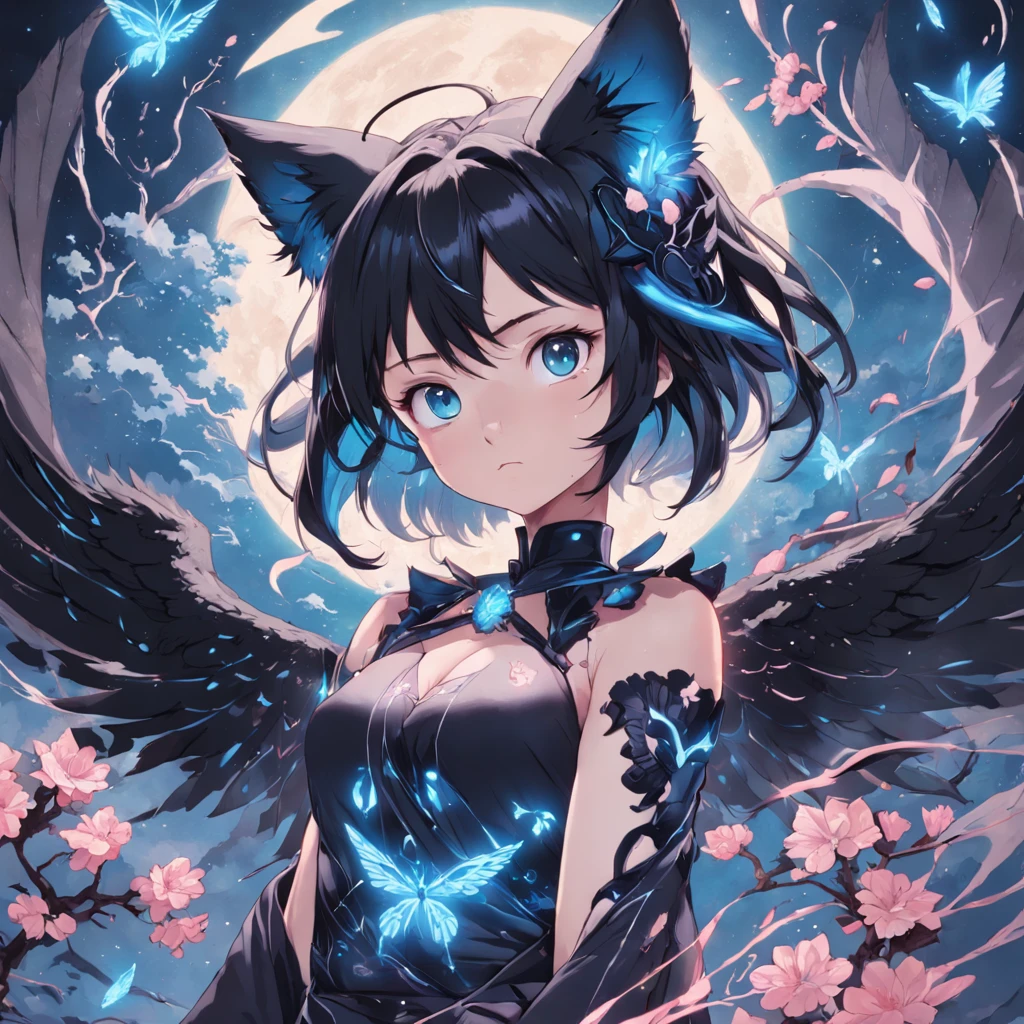 Cinematic Anime: Sakura Cat with Black Wings, by Junji Murakami, Makoto Shinkai, James Gurney, James Gurney, Peter Mohrbacher, Marc Simonetti, Mike Mignola, Bright blue tones, Black paper with detailed line work, Mandelbulb Fractal, Trending on Artstation + Exqu