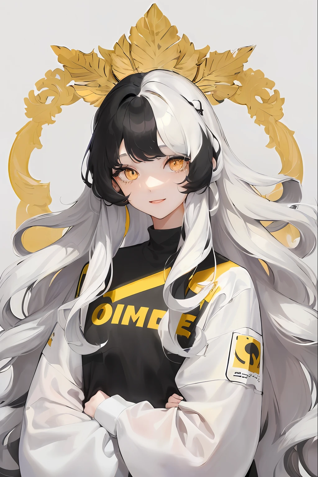 1woman, ((long wavy hair)), ((half of her hair is white and the other half of her hair is black split into two colors)), swept bangs, ((golden eyes)), smile, modern clothes