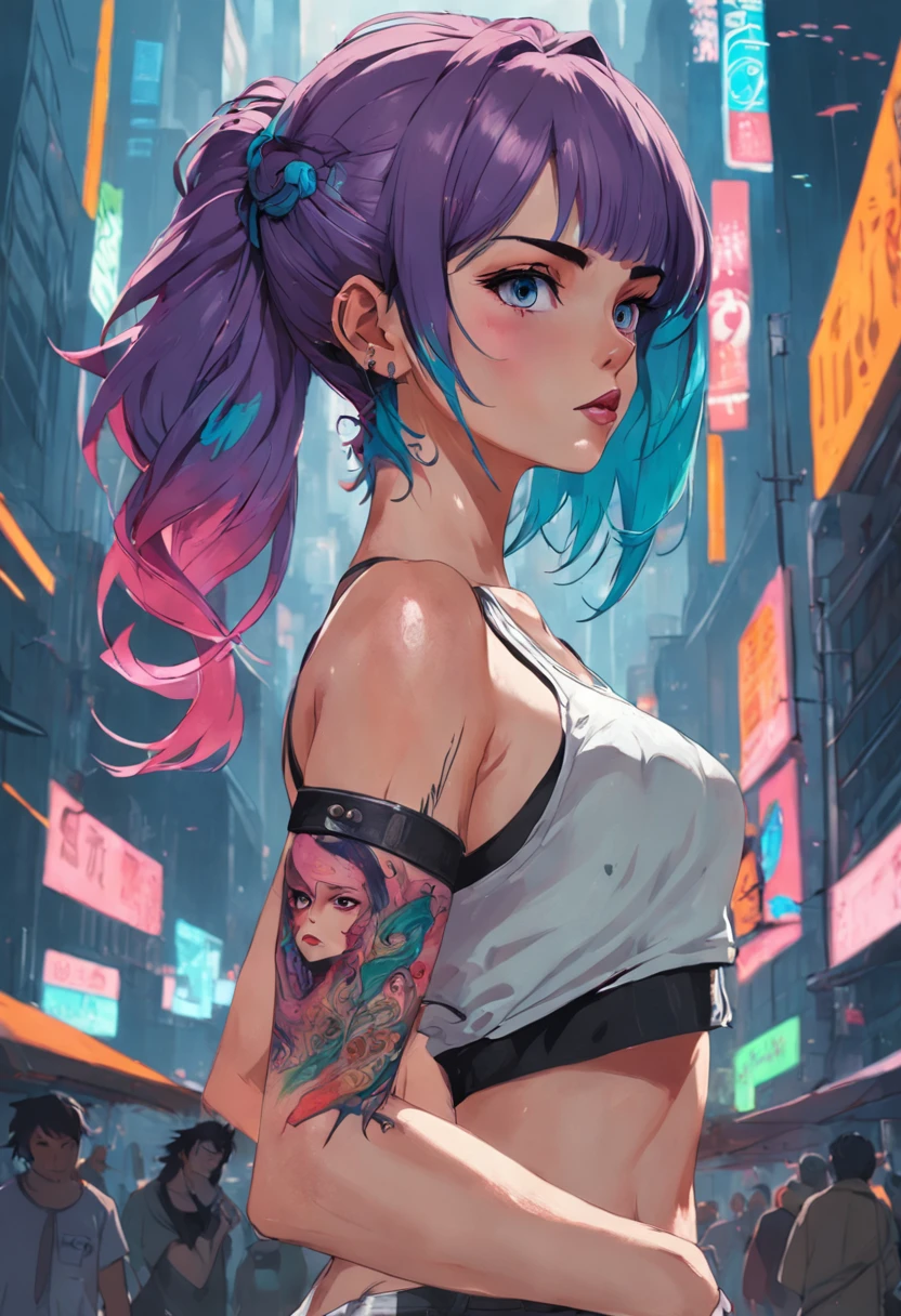 SCORE_9, SCORE_8_UP, SCORE_7_UP, SCORE_6_UP, MASTERPIECE, BEST QUALITY, HIGH QUALITY, HIGHRES, ABSURDRES, PERFECT COMPOSITION, INTRICATE DETAILS, ULTRA-DETAILED, PERFECT FACE, PERFECT EYES, NEWEST, nsfw, porn, 1girl, solo, super slutty girl, erotic, cyberpunk, looking_at_viewer, blurry, ponytail, long_hair, undercut, blurry_background, tattoo, neon_lights, earrings, jewelry, night, pink_eyes, beautiful eyes, large saggy breasts, huge breast, huge mommy milkers,  multicolored_hair, slutty microbikini, lewd, thick hips, large hips, purple_hair, visible areola, outdoors, stud_earrings, depth_of_field, ear_piercing, bandaid_on_face, looking_back, bandaid, half-closed_eyes, forehead_mark, building, glowneon, cyborg