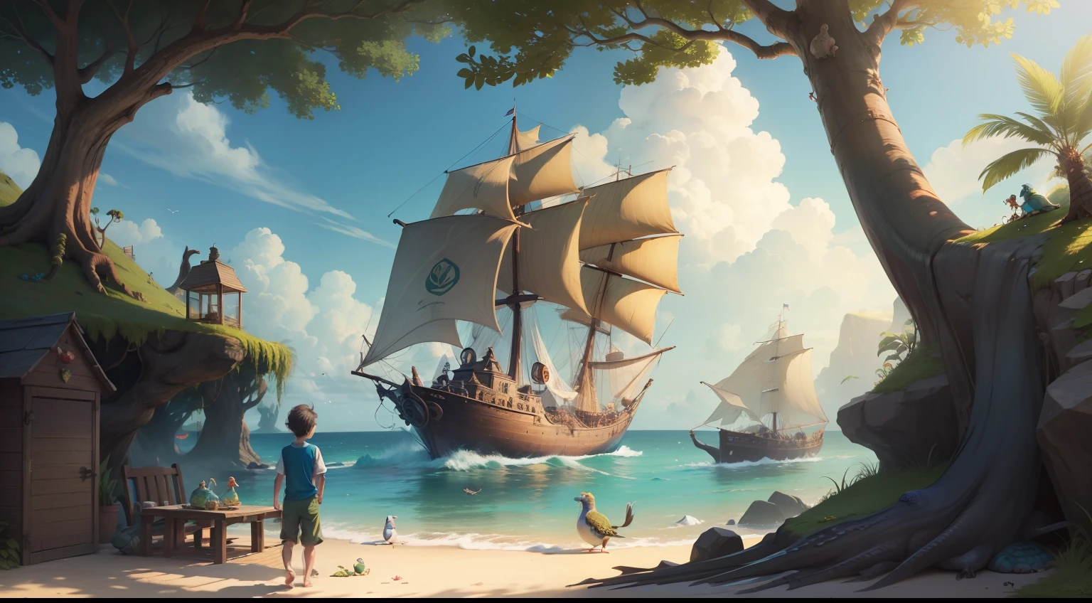 Pip, a 6 year old boy, participated in a lively party with the local animals of the mysterious island, there was a turtle and a talking bird.