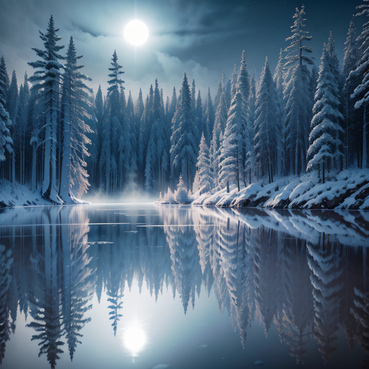canon 5d, frozen taiga forest, frozen pond, mist in the background, night, blue moon, photo, digital art, fantasy, cinematic shot photo taken by arri canon fuji kodak, incredibly detailed, sharpen, details, professional lighting, film lighting, lightroom, cinematography