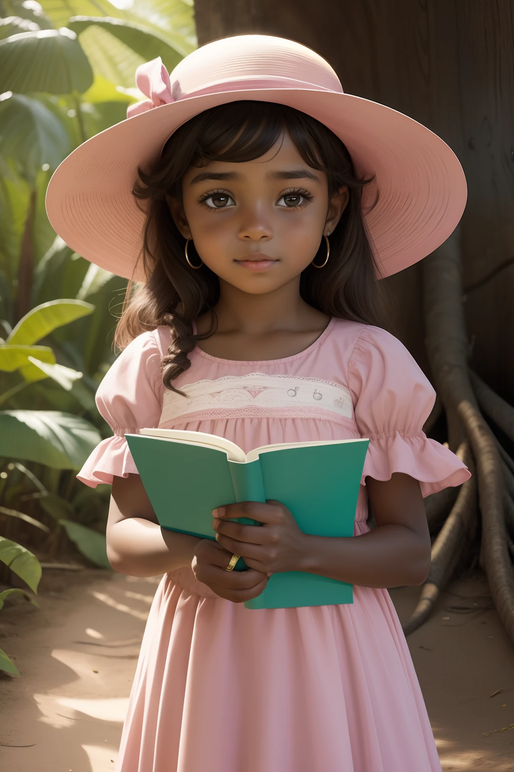 Menina dos desenhos animados, 6 anos de idade, in pink dress standing, pele marrom oliva beautful hat, reading a letter.