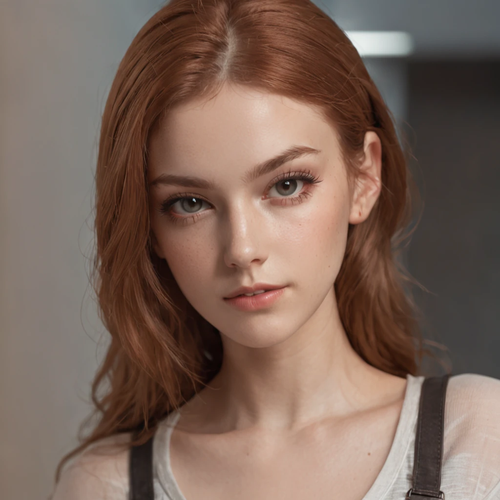 A 20 year old italian girl, ginger tied up hair, beautiful eyes, and a perfect face, rendered in a photorealistic style with sharp edges and a vibrant atmosphere, standing inside a dark library with a top tank shirt, front view, cute posing, big lips,
