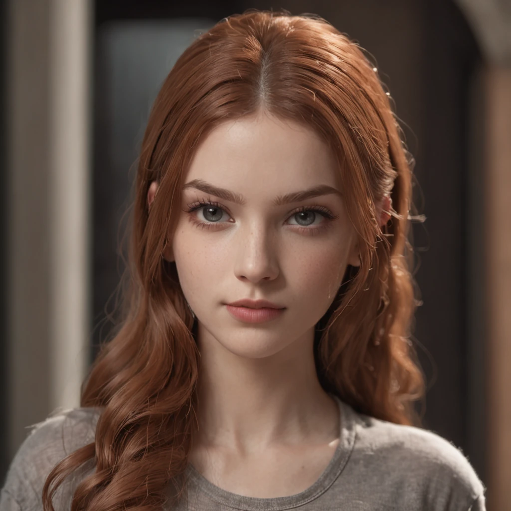 A 20 year old italian girl, ginger tied up hair, beautiful eyes, and a perfect face, rendered in a photorealistic style with sharp edges and a vibrant atmosphere, standing inside a dark library with a top tank shirt, front view, cute posing, big lips,