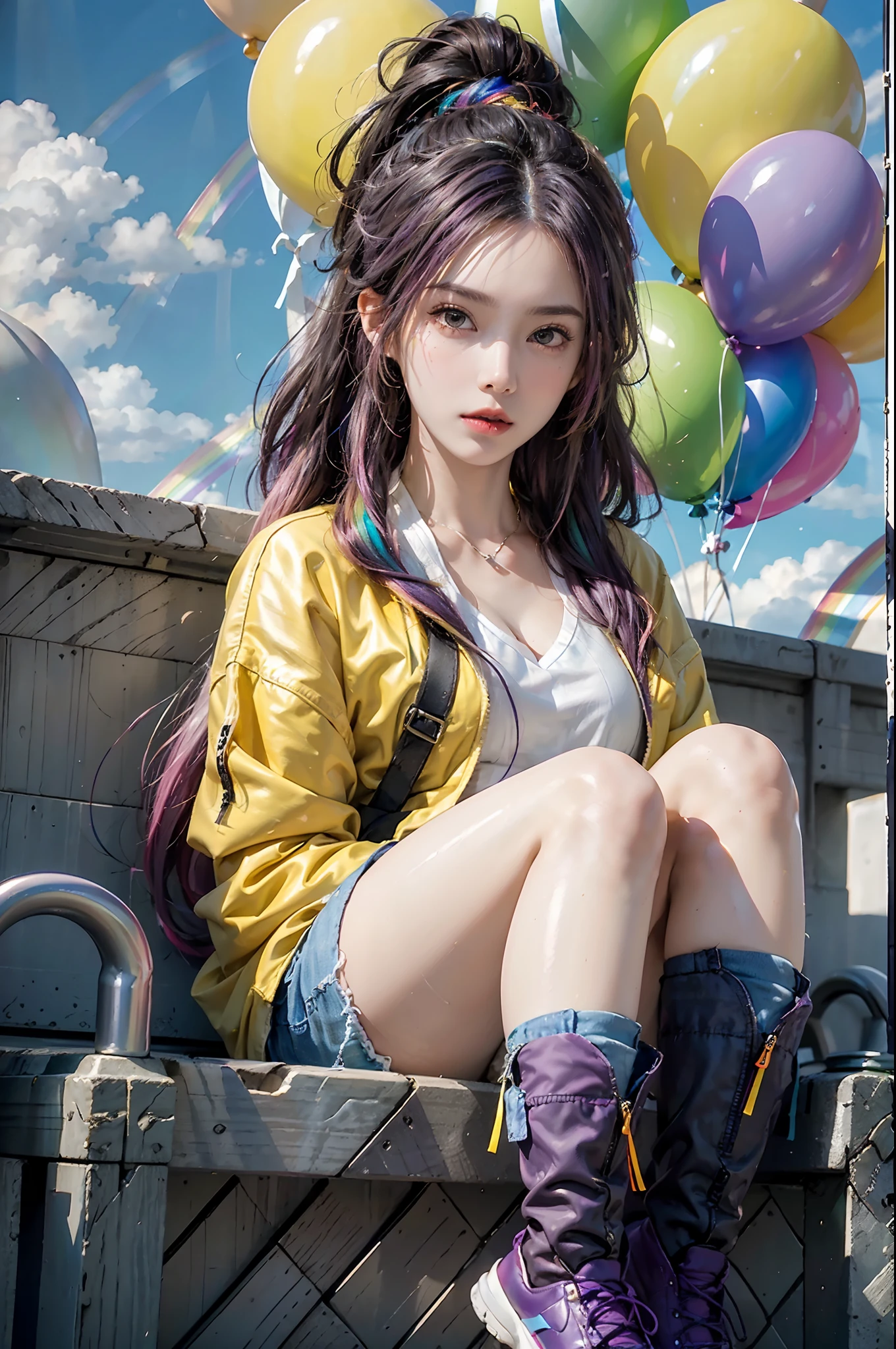 masterpiece, best quality, 1 girl, pretty and cute, (rainbow color Highlight Hair,colorful hair:1.4), wearing blue and purple sunglasses, yellow jacket with white pattern, white sweater, many colored balloons, doll face, ponytail braid, perfect detail eyes, delicate face, perfect cg, HD quality, colored balloons, sky ,black boots