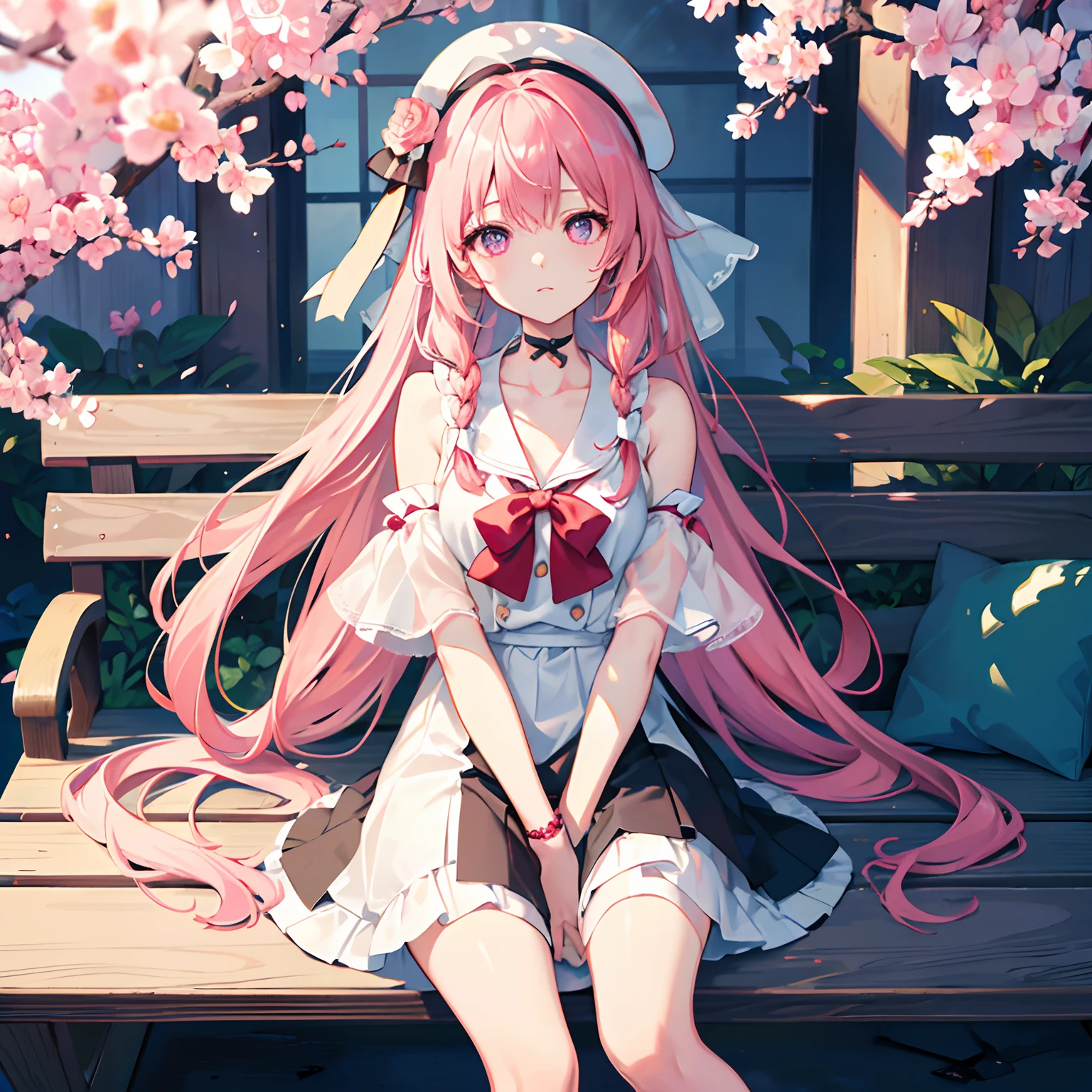 ｛1girll，独奏｝Long cherry blossom pink hair，Floating long hair，Single braid，Tie-up hair on one side，Red bandage，Staggered bangs，White color blouse，Delicate purple eyes，Bright pupils，The collarbone is clearly visible，White fedora，Short white dress，（A patient expression），red bowtie，（White one-piece stockings），Bare shoulders，Pink bracelet，Colorful petals，the cherry trees，benches，（sportrait：1.2），Tilt your head and look，Asphalt pavement，Carrying a pink school bag，（facial closeups：1.2），（eye closeup：1.2），Sitting，（solofocus：1.2），（Best quality at best），（extremely detaile），（Unique），（Delicate background），（Masterpiece），（Ultra-high resolution），（Very detailed 8k wallpapers），cinmatic lighting，Volumetriclighting，light particules，Face Shadow，（Fine beautiful face and eyes），depth of fields，ssee-through，hdr，Ray traching，dynamic scene，