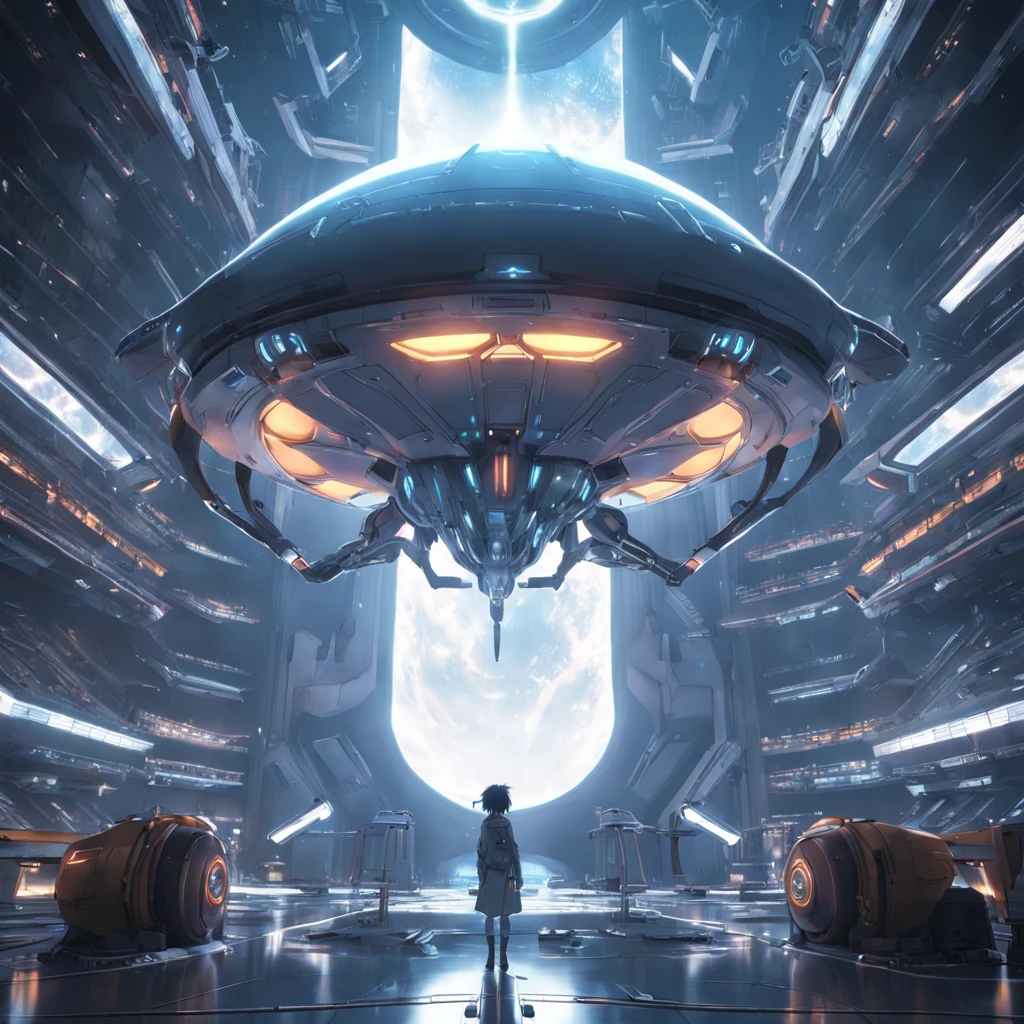 Cinematic Anime Anime Vast Alien Spaceships, Symmetrical, Epic, Sci-Fi, The Cabinet of  by Makoto Shinkai, Rembrandt Light, trending on ArtStation, 4k post processing, octane render, realistic,  --w 480 --h 270