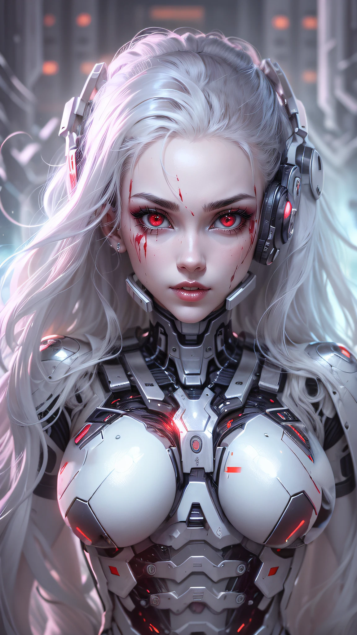 Cold cybergirl bust,Wearing a blood-colored technology exoskeleton,The look is cold,White eyeballs,super-fine,Fine high-tech oval composition,Beautiful image,Multiple monochromes,tmasterpiece,acurate,Accurate light and shadow