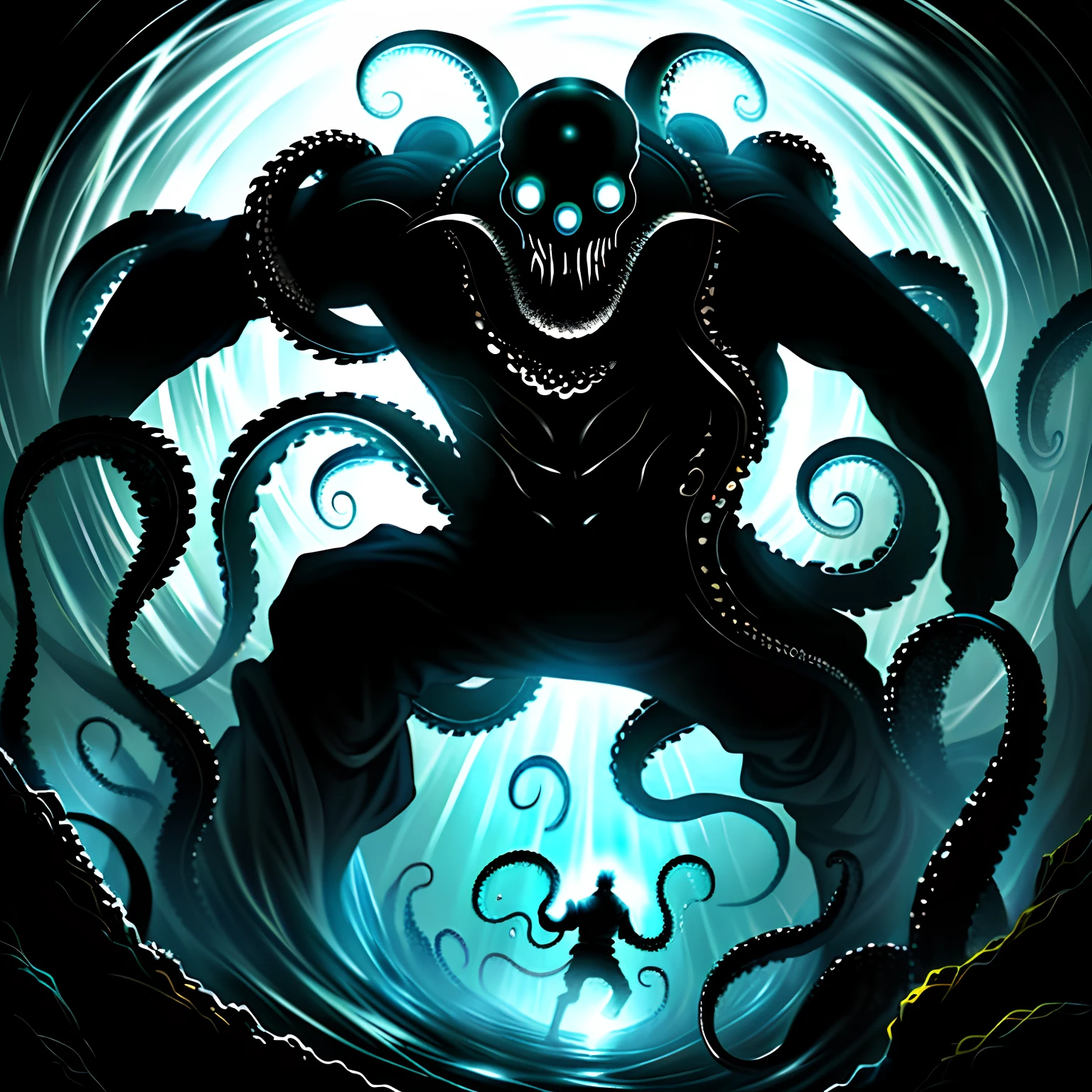 A painting shows a man struggling in the dark,Wriggle towards where there is God's light,Behind him is unknown in the darkness,Tentacles with mucus(Tentacles of destiny)Attack him,His expression was terrified。