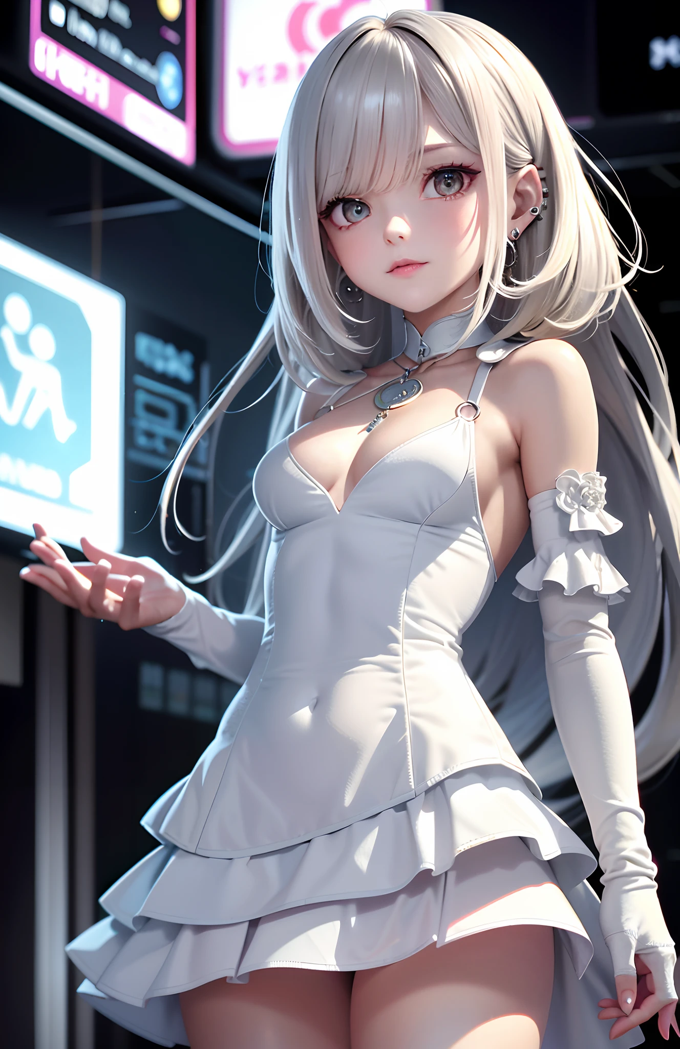 optimum，tmasterpiece，A high resolution，best qualtiy，hyper HD，super detailing，Award-Awarded，16k，独奏，（The upper part of the body），anatomy correct，Beautiful cyberpunk girl，cute  face，，Gradient Beige Hair，Hairline，（（Scarlet eyes）），long eyelasher，Hanging eye corners，White skin of the，（small boobs），（Slim body），（（Small shoulder super short shawl coat）），（（tutu）），ear studs，（neck rings），（Laser material clothing：1.2）