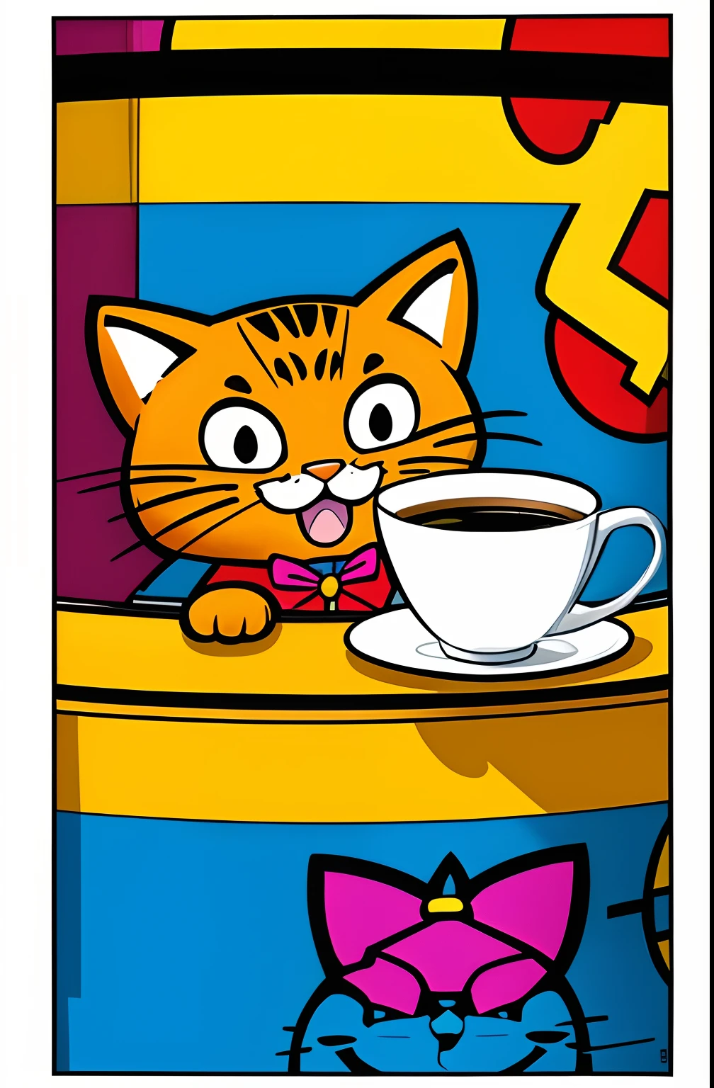 (CAT GARFIELD FROM THE ORIGINAL COMIC BOOK SERIES WITH ALL THE PHYSICAL DETAILS OF THE ORIGINAL HAPPY HAVING A CUP OF COFFEE EDUARDO KOBRA ,Romero Brito,The Filling Twins ,multidimensional geometric wall PORTRAIT, arte, Chibi,
Yang08k, lindo, Colouring,
Primary works, qualidade superior, melhor qualidade, Arte Oficial, Beautiful and Aesthetic, 512 k