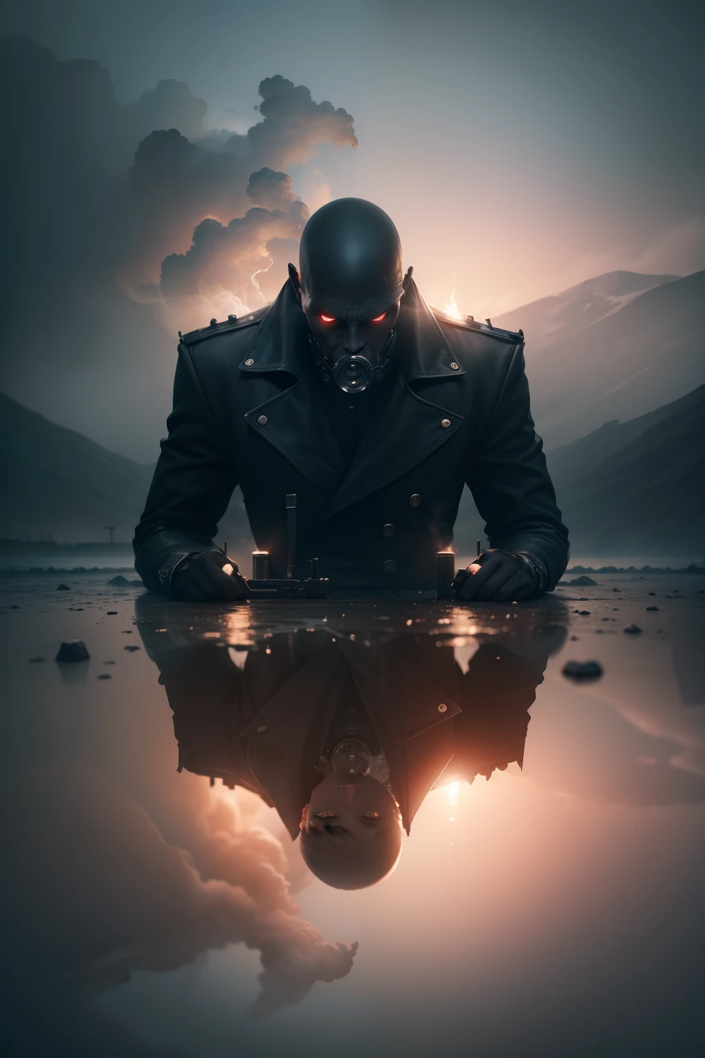 1man, masterpiece, gorgeous,strange head,empty head, hodie, coat, 4k, water, reflection, gun, pistol, smoke, high details, gorgeous, 4k, BREAKhigh angle, from above, scary, no humans, cinematic, dramatic,contrast, detailed background, standing, night,fog, wallpaper, misteryous, digital art, artistic BREAK madness, crazy