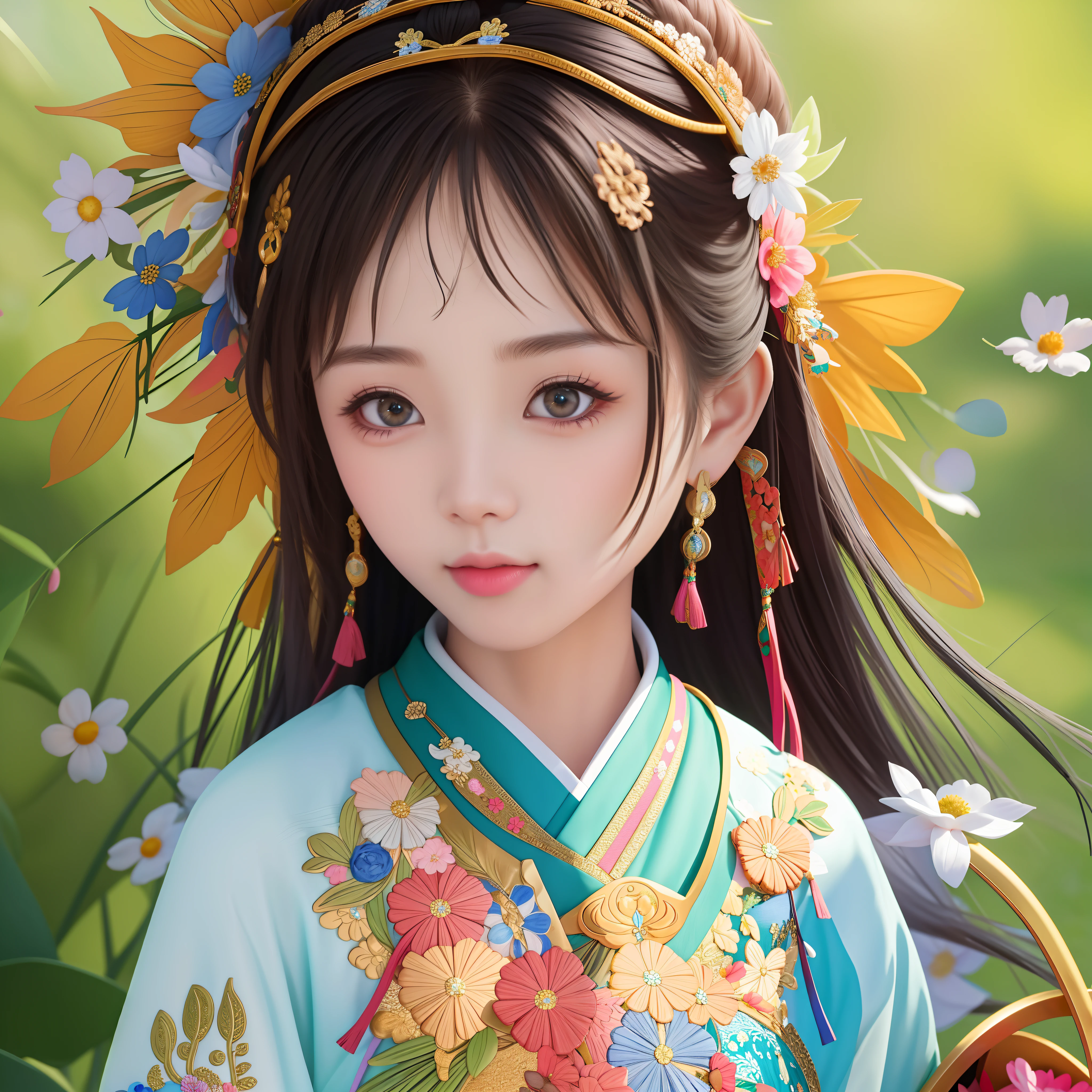 masterpiece, best quality,beautiful face,beautiful eyes,looking at viewer,The Hmong girl, adorned with intricate embroidery and colorful accessories, exudes grace and elegance as she carries a basket filled with vibrant flowers, symbolizing the harmony between humanity and the natural world.