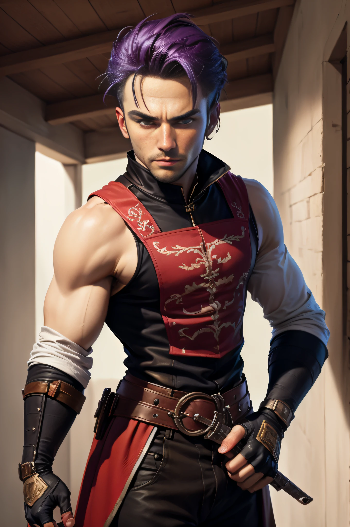 (((superfine illustration, Best Quality, Ultra-detailed, medieval))), (proficient male assassin, male focus, solo, act in dynamic action, unapproachable vibe, Lack of emotional ups and downs, Perfect fingers, Perfect hands), 25 years old, toned, (assassin costume, fingerless gloves, dual wielding), roof in the background, dawn, male hair, extremely short hair, purple hair, male face, male eyebrows, sharp eyes , sharp nose, forehead, professional lighting, dynamic angle, cowboy shot,