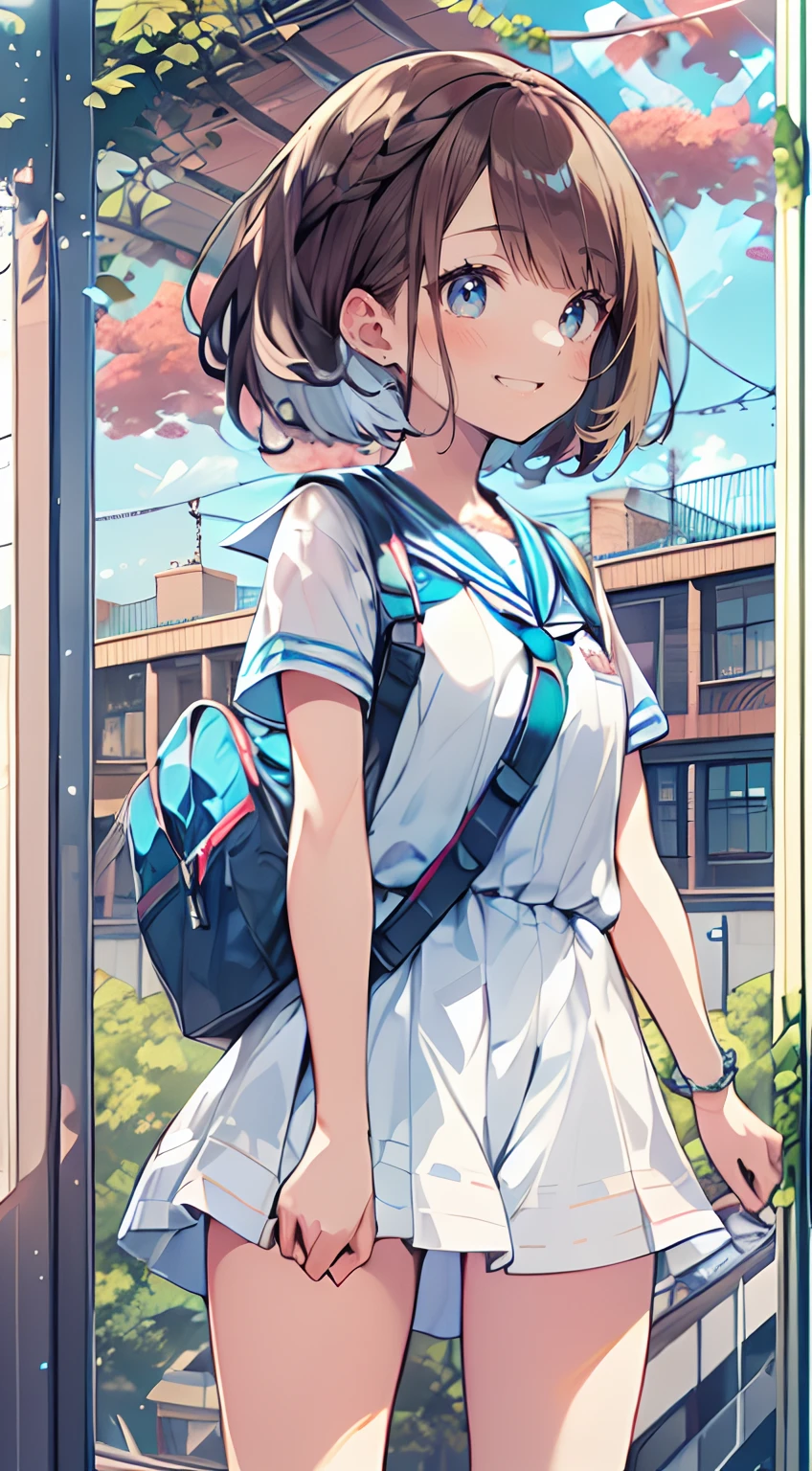 masutepiece, Best Quality,Illustration, Wallpaper, Ultra Detail, Absurd beauty, 1beautiful girl、(Medium short hair、short braided hair), Beautiful ultra-detailed eyes 、student clothes、A refreshing smile、Smaller head、(a panoramic view:1.5)、On the way to school