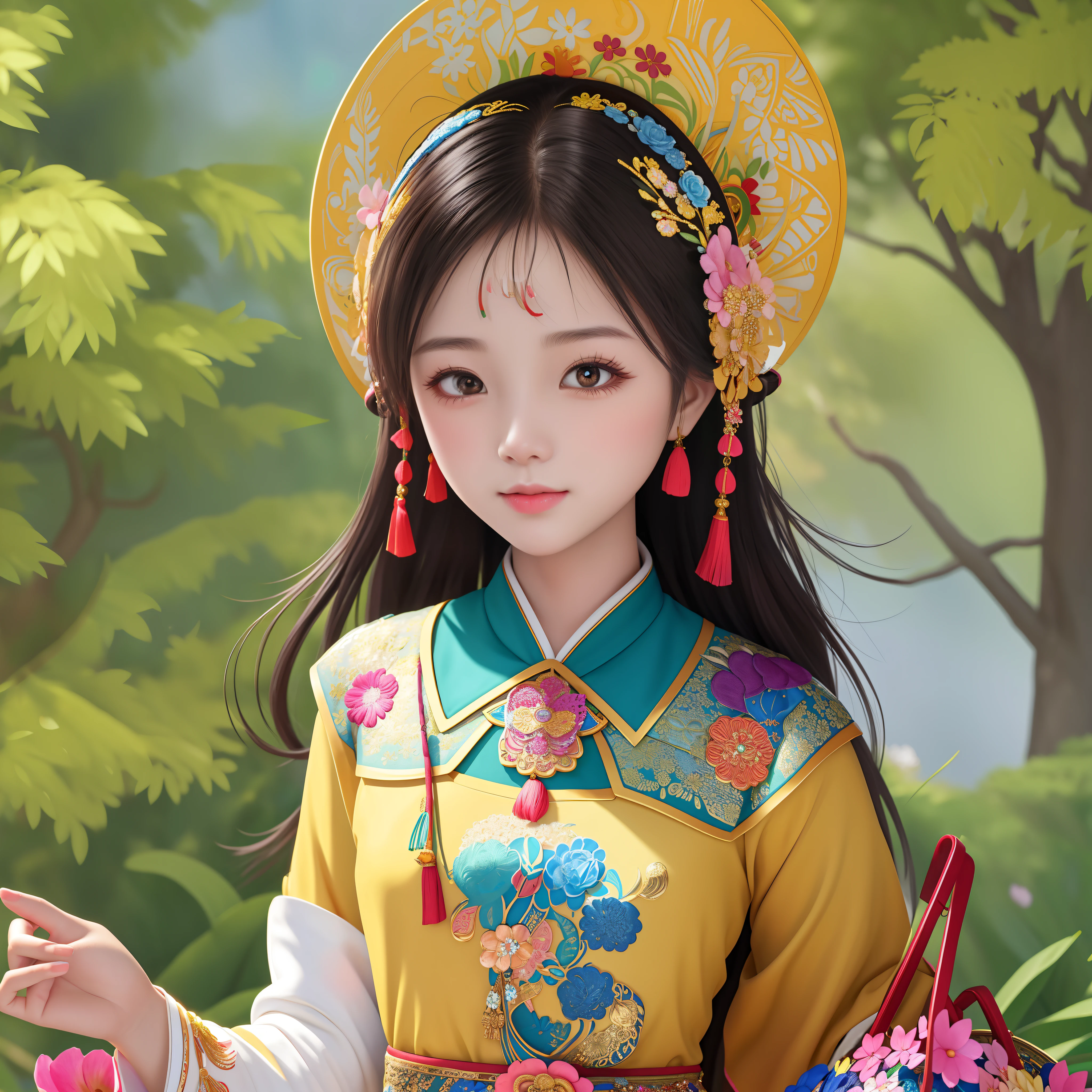 masterpiece, best quality,beautiful face,beautiful eyes,looking at viewer,The Hmong girl, adorned with intricate embroidery and colorful accessories, exudes grace and elegance as she carries a basket filled with vibrant flowers, symbolizing the harmony between humanity and the natural world.