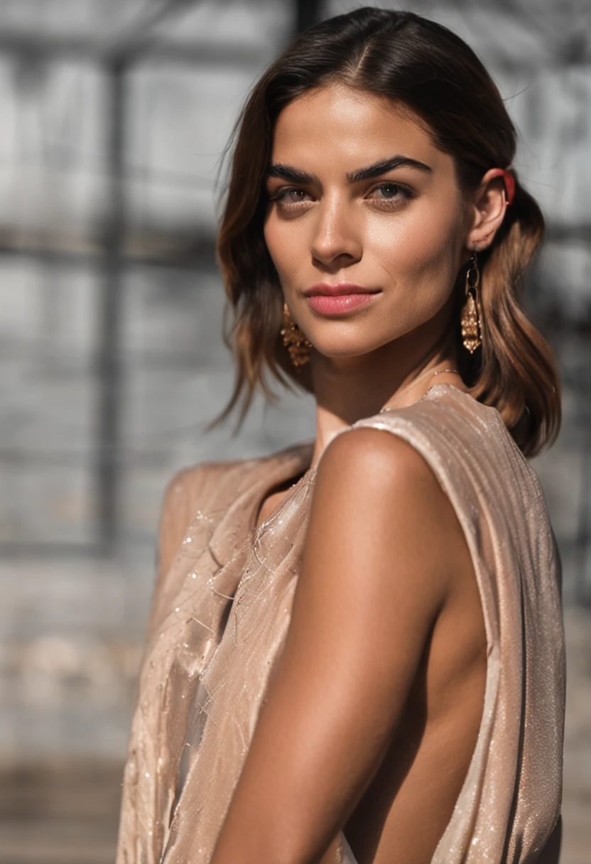 (8k, Foto RAW, best quality, master part:1.2), ultra-detalhado, Detalhe perfeito , Olhando para o Viewer, compor, sedutor, envergonhado, (jovem:1.2),((20 anos)), beautiful face, Olhos bonitos, (((corpo feminino perfeito, cintura media))), brown hair, Brazilian appearance, figura da ampulheta, olhos castanhos, beautiful appearance, blazer azul, swollen lips red lipstick, Salto Preto, No restaurante, cabelos ondulados, maquiagem leve, Mole under the lip, Tatuagem no ombro
