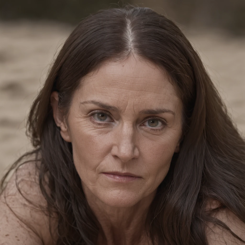 Cinematic Portrait of Julie Taymor With Her Head in the Sand, Anamorphic Shot, Anamorphic --ar 39:1
