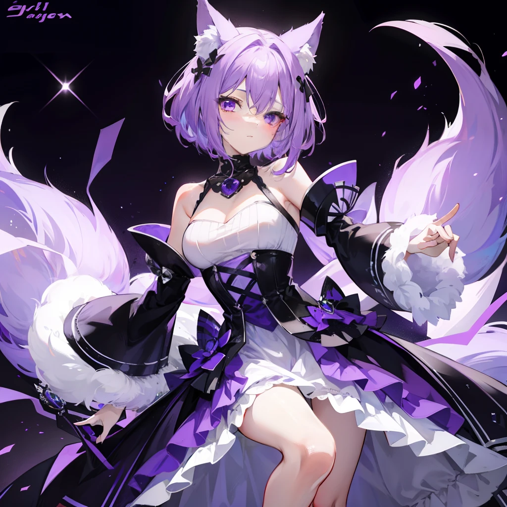 Short fluffy lilac hair,It has purple fox ears,a purple eye,Dressed in purple and white,Wearing black silk is a sexy royal sister