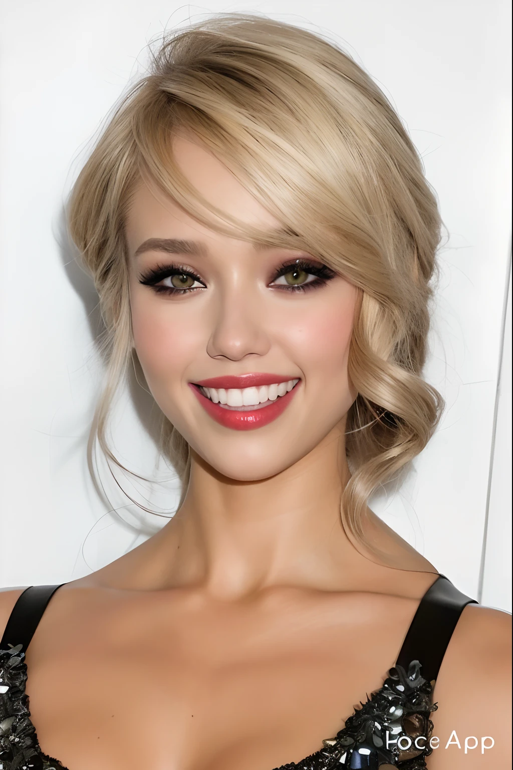 a close up of a woman with a smile on her face, perfect face ), attractive female face!!!, jessica alba, face like ester exposito, jessica alba woman, most beautiful woman on earth, bright red lips, perfect eyeline. Perfect makeup. a gorgeous blonde, emma roberts, perfect face!!!, perfect face!!, slight smirk, with symmetrical facial features, very pretty model, perfect face model.