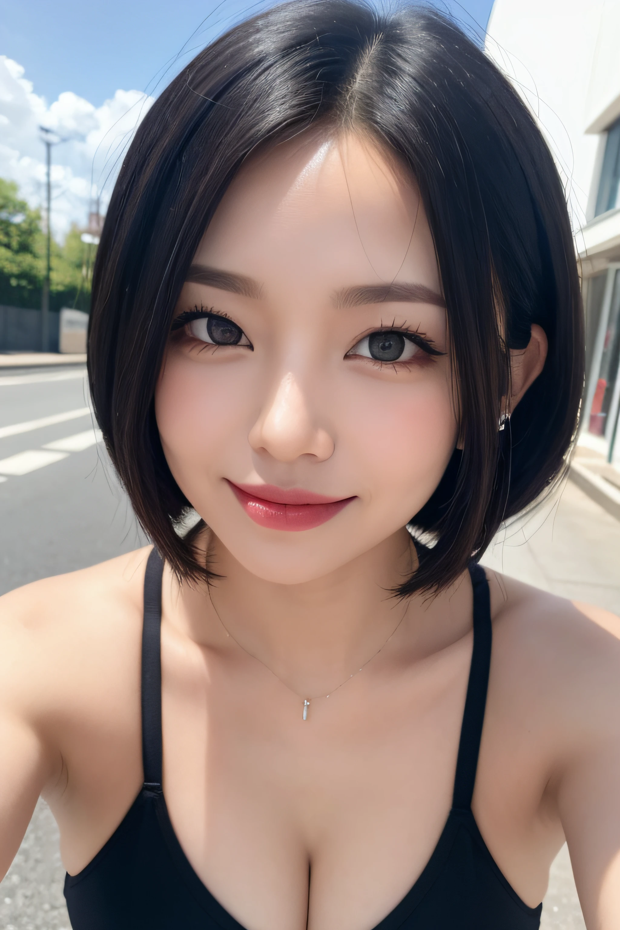 black hair, hair bobbles, longeyelashes, solid circle eyes, light smile, mole under eye, cute earrings, light smile, shy, puckered lips, Surrealism, drop shadow, stereogram, pov, atmospheric perspective, depth of field, first-person view, f/1.8, 8k, super detail, ccurate, best quality, highres, best quality,full body,short cut hair,bikini