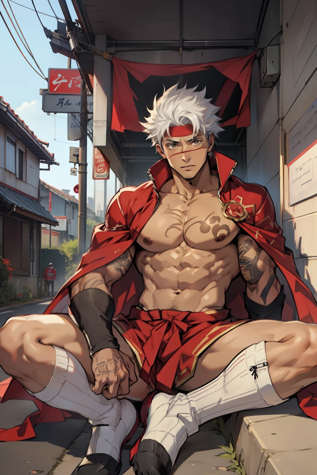 Highest image quality,male people,child,1 boy,Young and handsome,shoun,White color hair,Short flat top hair,Dark skin,anime big breast,anime wallpaper,Solo,malefocus,Briefs,Dilation of the pectoral muscles,Red cape,Bulging crotch,Urban background,spread their legs,Sexy,(Masterpiece, Best quality),Long white socks,Red Martin boots,