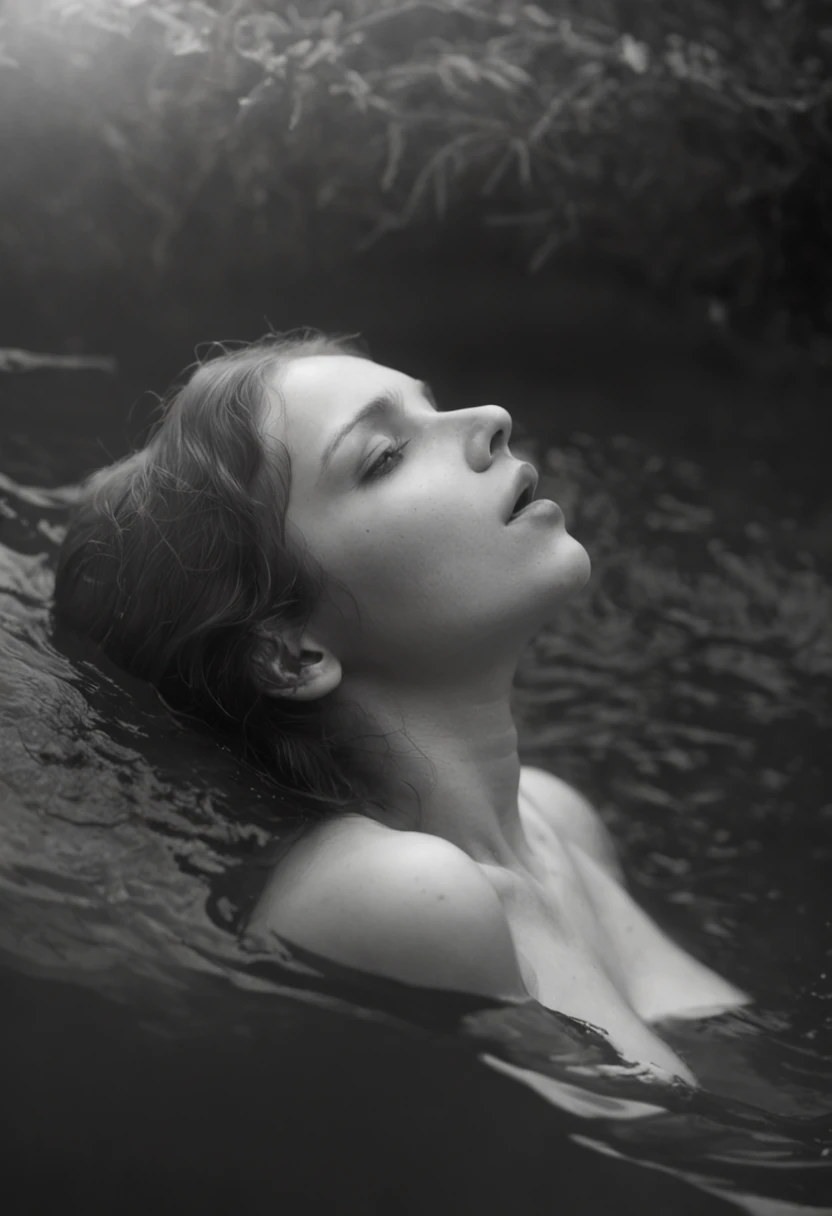 Black and white photo of a drowning person, Inspired by David Octavius Hill, photogravure, Inspired by Eugène Carrière, Painterism, The first ever photograph, inspired by Jean-Jacques Henner, grainy damaged photo, Hot type, Dougro type, damaged photo, author：Theodore Ribot