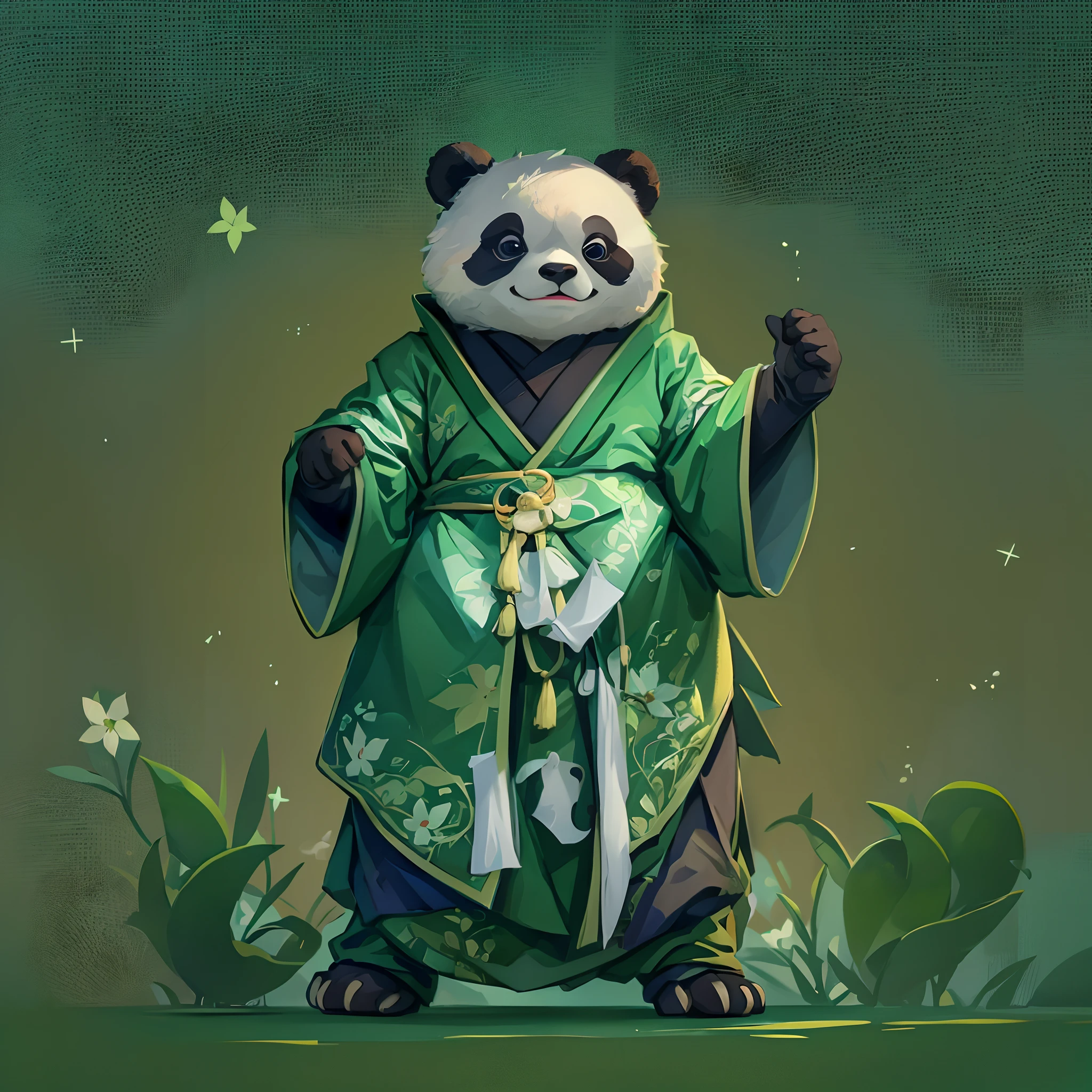 anthropomorphic turtle，Green background，simplebackground，solid color backdrop，Full body frontal photo，1 Cute Hanfu Panda Man，standing on your feet，full bodyesbian, Solo,frontage，facing to audience, ssmile，Background bokeh，lightand shade contrast，tmasterpiece，flatillustration，minimal style，4K