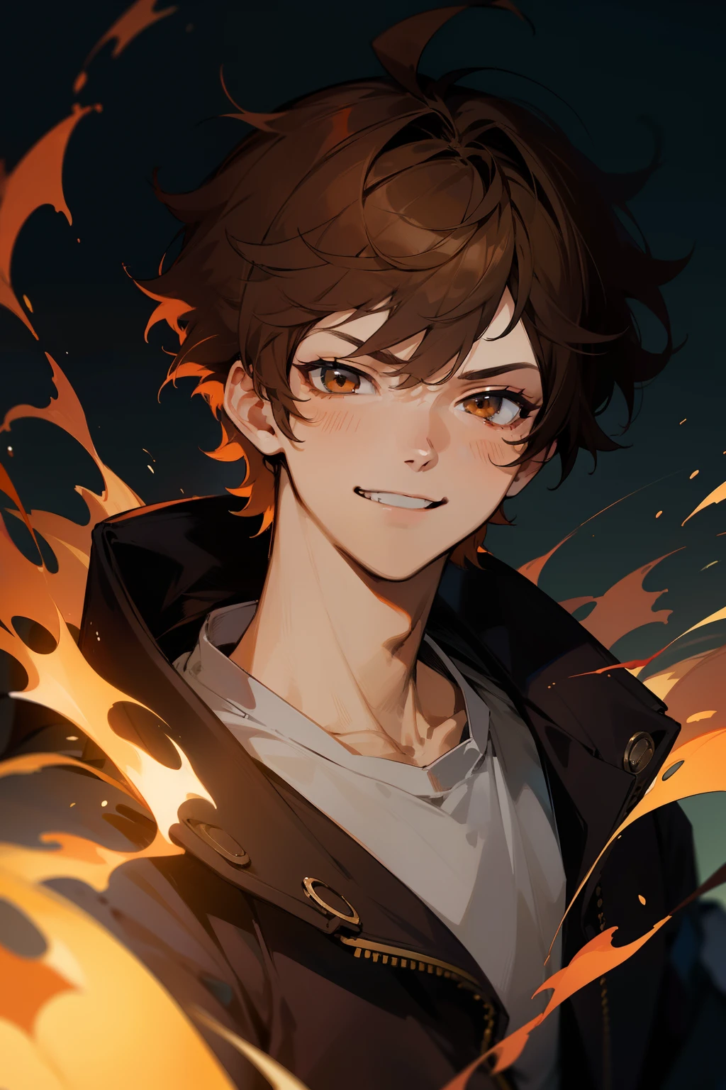 masterpiece, high quality, ultra detail, anime, boy, 1boy, fire, provocative look, smug smile, Brown hair, short hair, messy hair