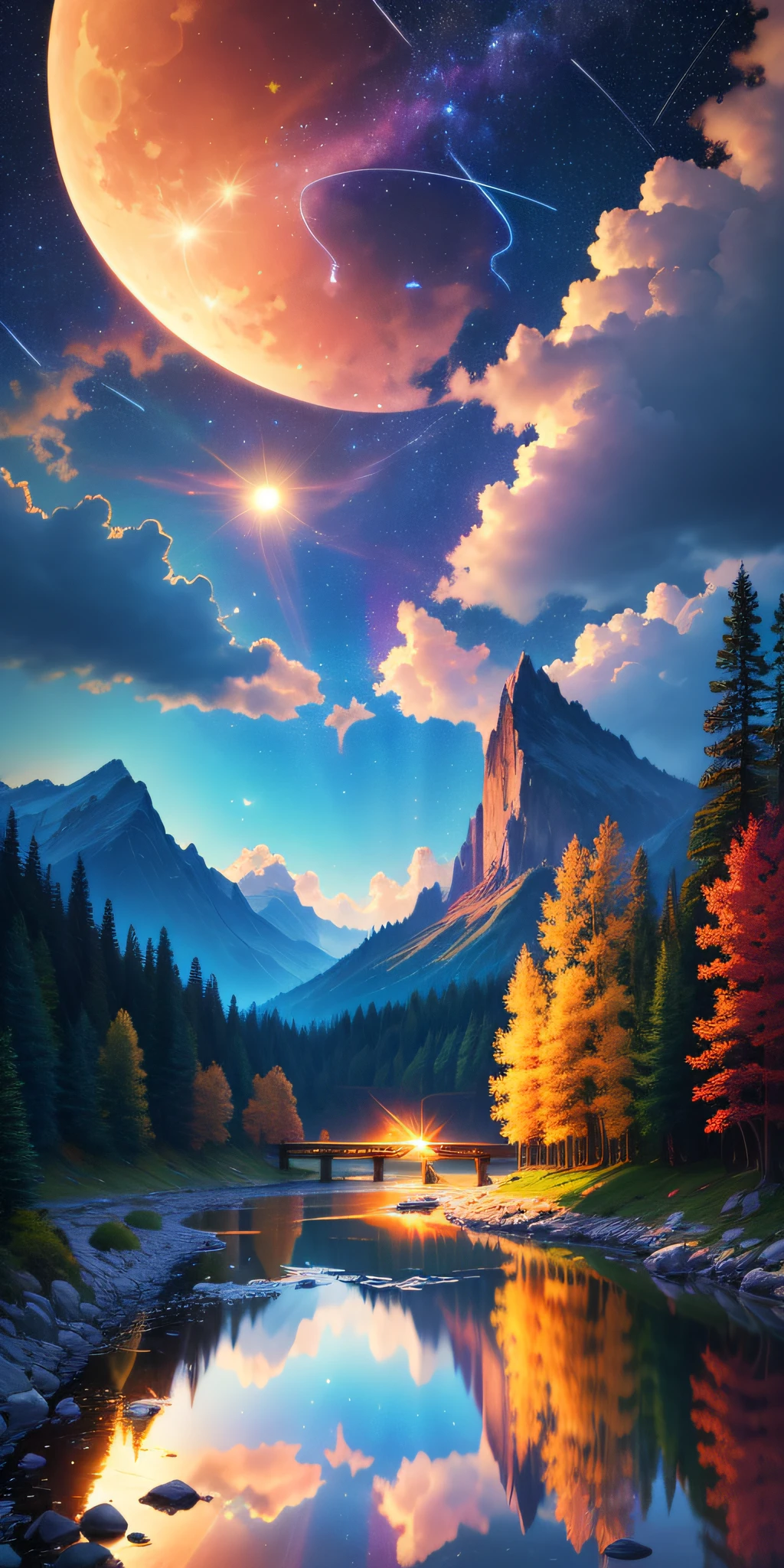 Masterpiece, 8k wallpapers, extremely detailed, best quality, high quality, landscapes. ((Colorful sky)), clouds, (((Full moon, nebula and background stars))), (high mountains), Panorama, , Detail enhancement, Detail enhancement, Flawless. Award-winning photography, Depth of field, HDR, Photorealism, Highly detailed, Intricate, High detail, Dramatic, ((color image)), ((single image)), night, realistic, ((vivid colors)), ((light rays, rays)), mini river, image reflecting in water,