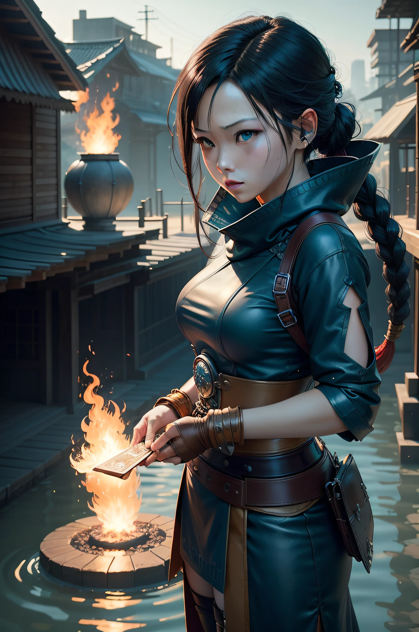 epic fire bending shot, in front, beautiful glamor shot, in the style of Final Fantasy VII, Inuyashiki, water tribe influence, visual kei translucent color, 32k uhd, avatar all grown up, blue teal whites and bronze, sharp focus, panchromatic film,