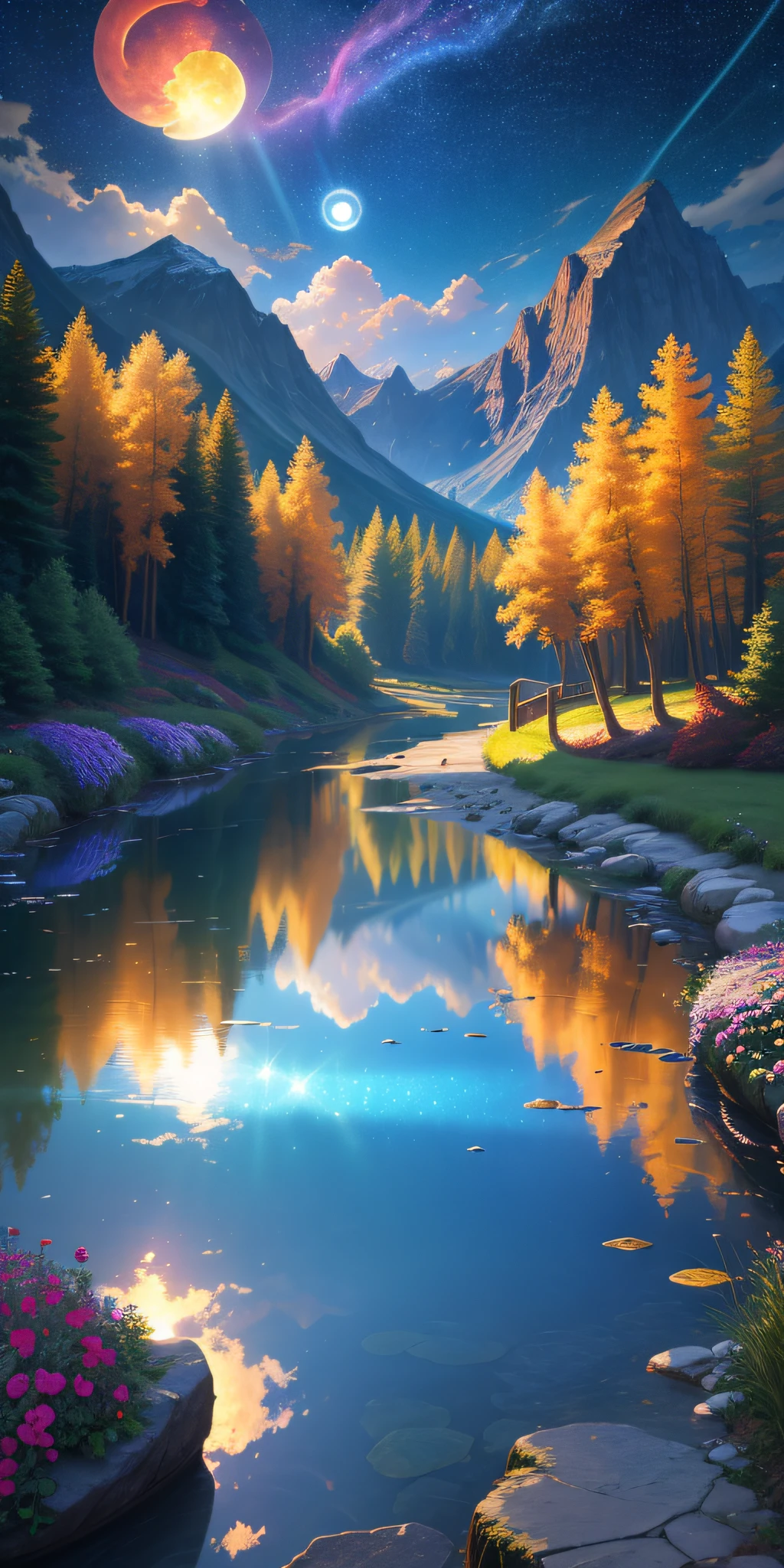Masterpiece, 8k wallpapers, extremely detailed, best quality, high quality, landscapes. ((Colorful sky)), clouds, (((Full moon, nebula and background stars))), (high mountains), Panorama, , Detail enhancement, Detail enhancement, Flawless. Award-winning photography, Depth of field, HDR, Photorealism, Highly detailed, Intricate, High detail, Dramatic, ((color image)), ((single image)), night, realistic, ((vivid colors)), ((light rays, rays)), mini river, image reflecting in water,