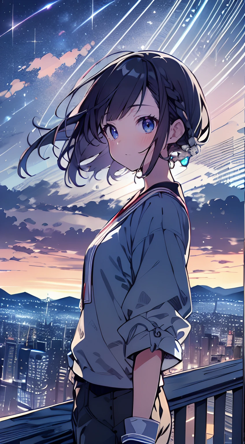 masutepiece, Best Quality,Illustration, Wallpaper, Ultra Detail, absurderes, 1girl in、 (Medium short hair、short braided hair), Beautiful ultra-detailed eyes , Hair fluttering in the wind、Smaller head、Beautiful night sky、(a panoramic view:1.5)