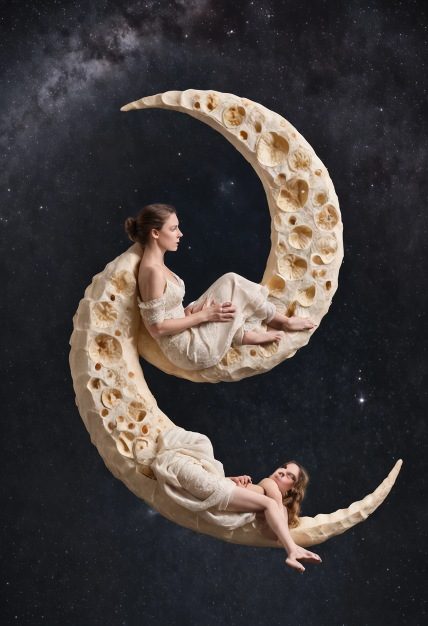 Il y a un dessin de deux personnes assises sur un croissant de lune, par Marie Angel, dans la lune, par Lucia Peka, par Kelly McKernan, par Relja Penezic, John Kenn Mortensen, lune, Dream illustration, par Zofia Stryjenska, par Maki Haku, par Katerina Wilczynski, Quelques anges cosmiques