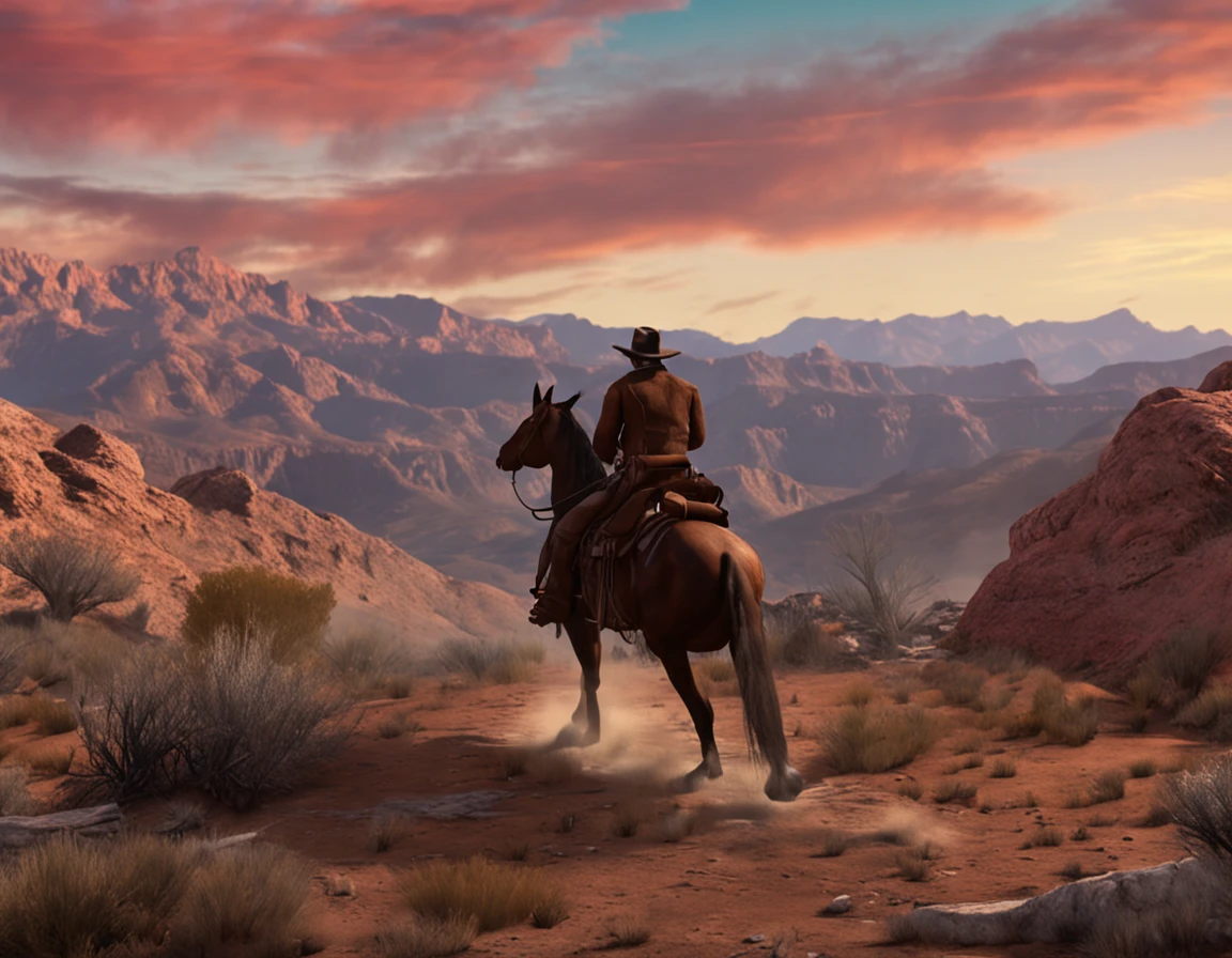 Old west -  Gunslinger - riding a horse - In the mountains - Realistic  -- ar 16:9