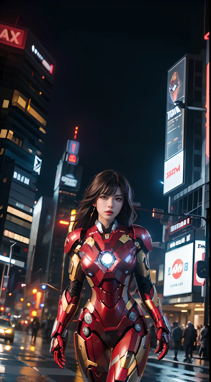 masterpiece, photoshoot, 12k, ultra realistic, attractive, highly detailed, a 20 year old girl a sexy and attractive woman inspired by Iron Man wearing a shiny Iron Man mech. She dresses with sexiness and confidence, perfectly interpreting Iron Man&#39;s strength and charisma. In a cyberpunk-style city night scene, a sexy and attractive woman takes Iron Man&#39;s cosplay as the theme. Wearing a shiny Iron Man mech, she stands on a street lined with tall buildings. The night lights of the city are bright, reflecting on her mecha, adding a sense of future technology. The surrounding buildings and streets are full of cyberpunk elements, such as neon lights, high-tech devices and futuristic architectural designs. The whole scene is full of futuristic and sci-fi atmosphere. This high-definition, high-quality picture will bring you stunning visual enjoyment, a perfect combination of sexy, futuristic and sci-fi elements. oc rendering, dramatic lighting, award winning quality