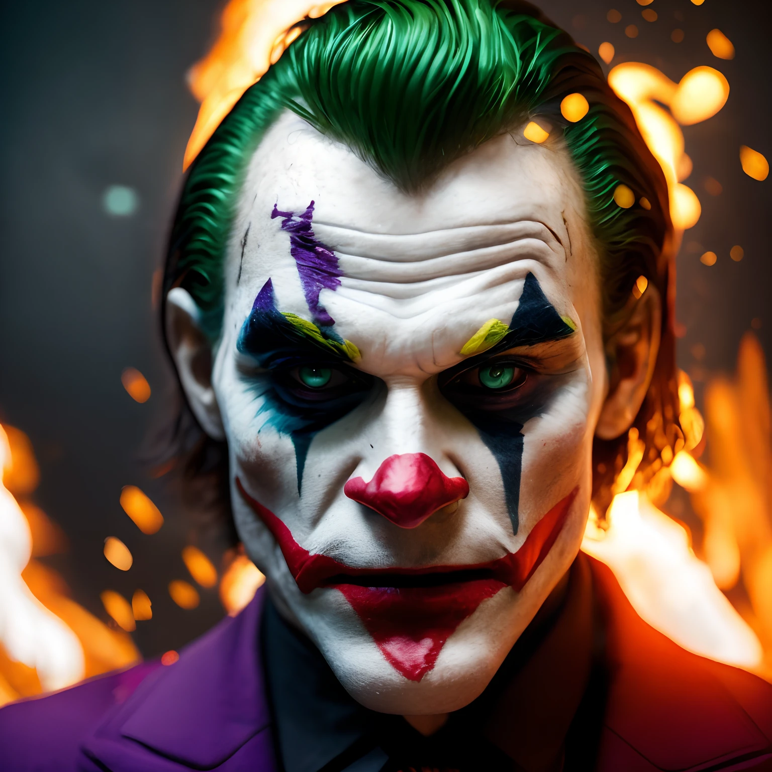 dark and gloomy, 8k, a close up photo of the joker with flames behind him,
lifelike texture, dynamic composition, Fujifilm XT3, 85mm F1.2,
1/80 shutter speed, bokeh, high contrast --auto