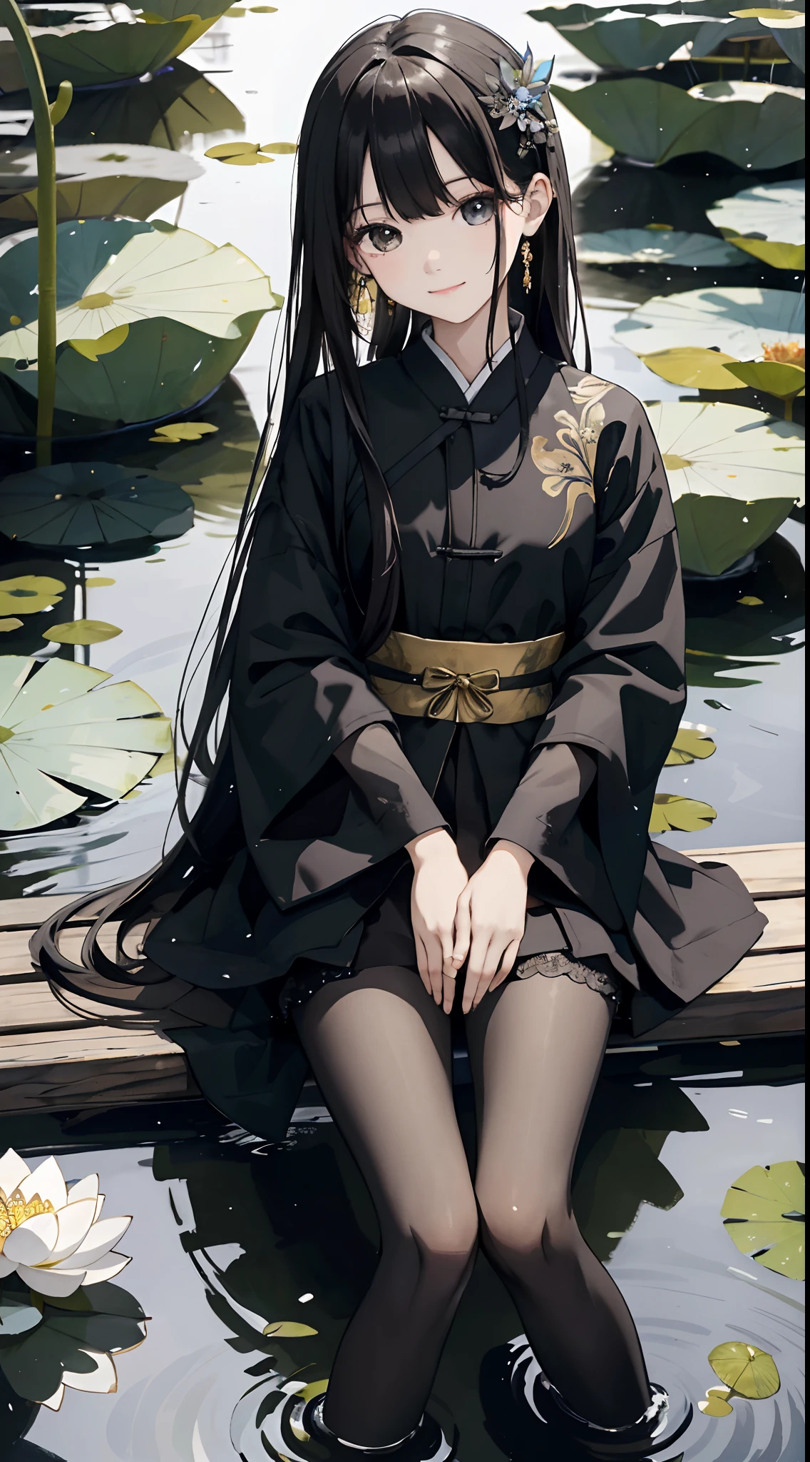 hoang lap，8K high resolution，ultra - detailed，（1girll：1.3），handpainted，Simple lines，16-year-old girl wearing black Chinese clothing，beuaty girl，In the lotus pond，tmasterpiece，Sit on a plank floating in the water，Floating hair，black pantyhoses，black pantyhoses，looking toward the viewer，ssmile