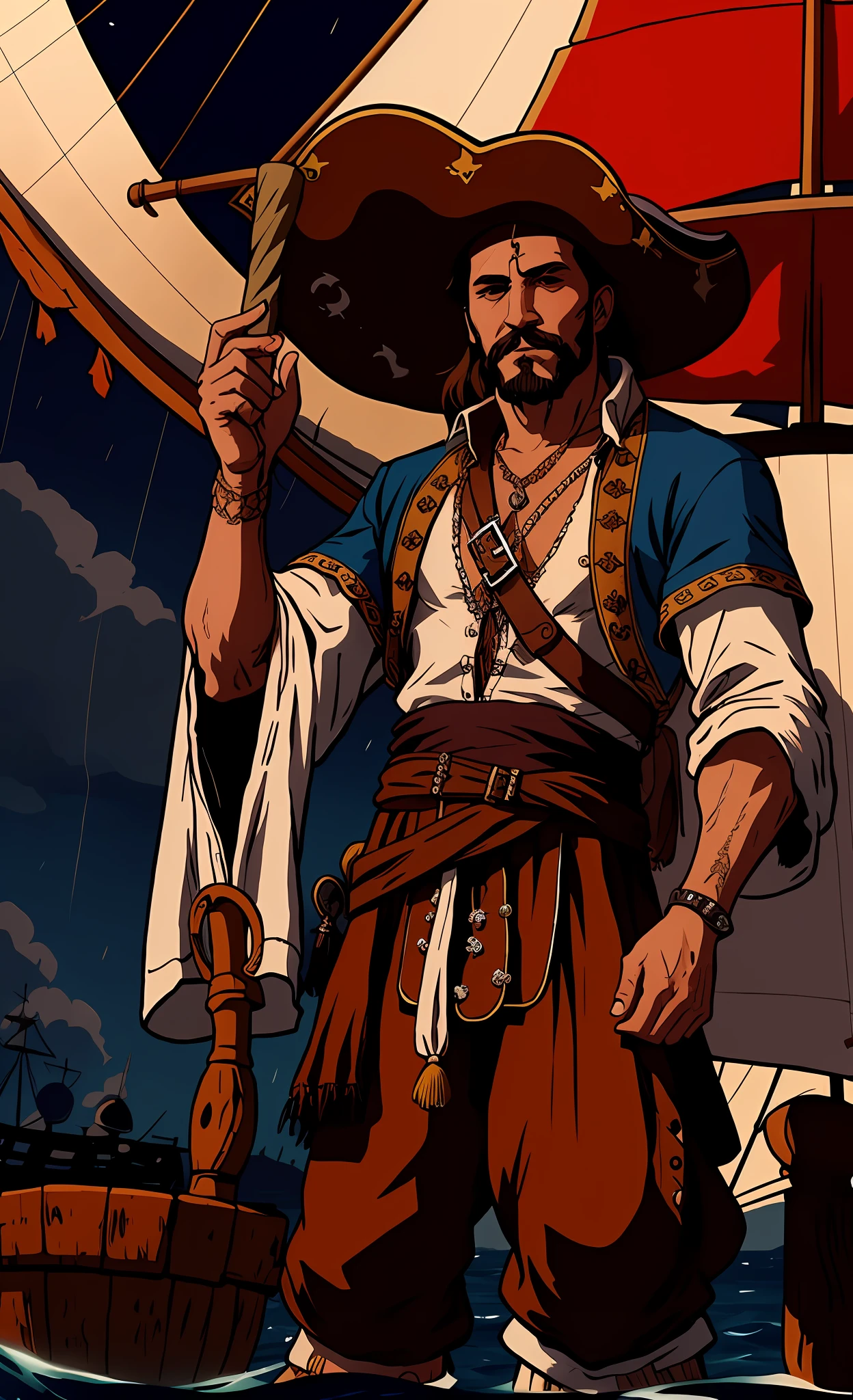 Elderly brown pirate standing on a boat with a sword and a hat, pirata da classe Swashbuckler, Careca Macho Swashbuckler, Pirate Captain, retrato pirata, sea of thieves style, um pirata, color digital illustration, Closeup da arte do personagem, pirata, full-colour illustration, Swashbuckler, Retrato de Shanks Le Roux, Rei dos piratas, rugged ship captain